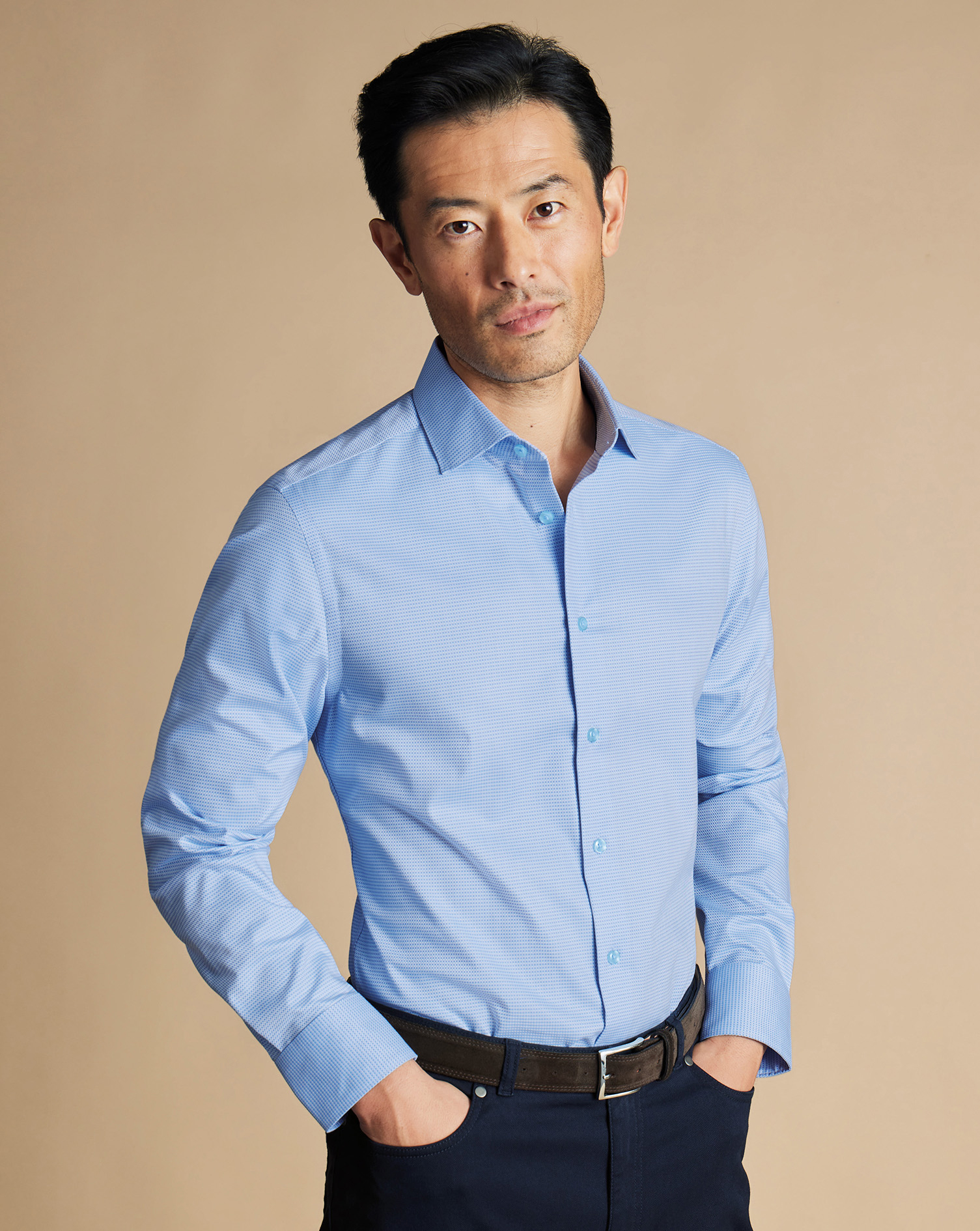 Non-Iron Stretch Texture Square Shirt - Sky Blue