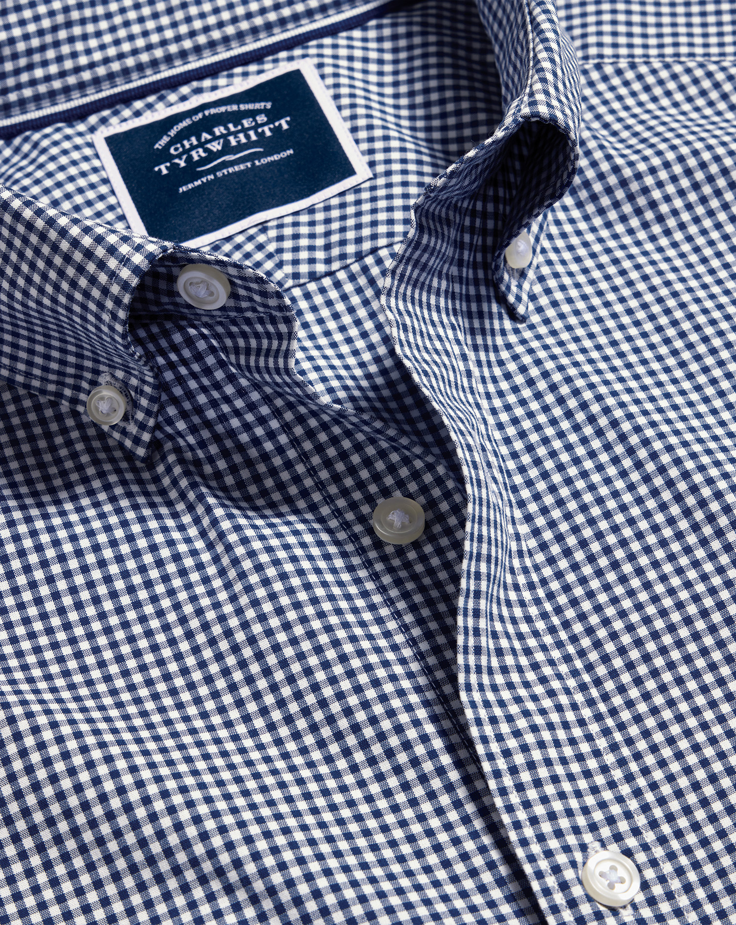 Button-Down Collar Non-Iron Stretch Poplin Mini Gingham Check Shirt - Navy