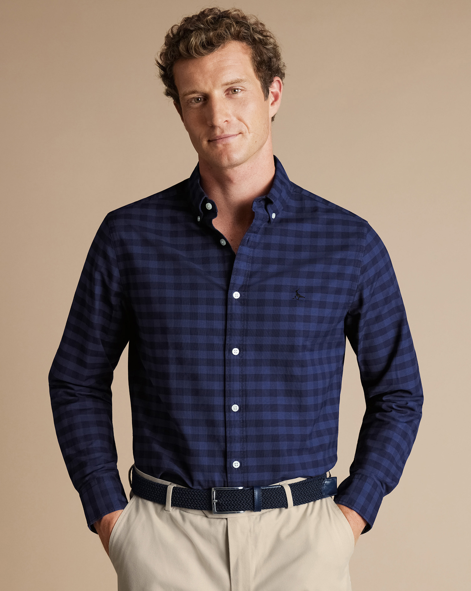 Button-Down Collar Stretch Washed Oxford Gingham Shirt - Ink Blue