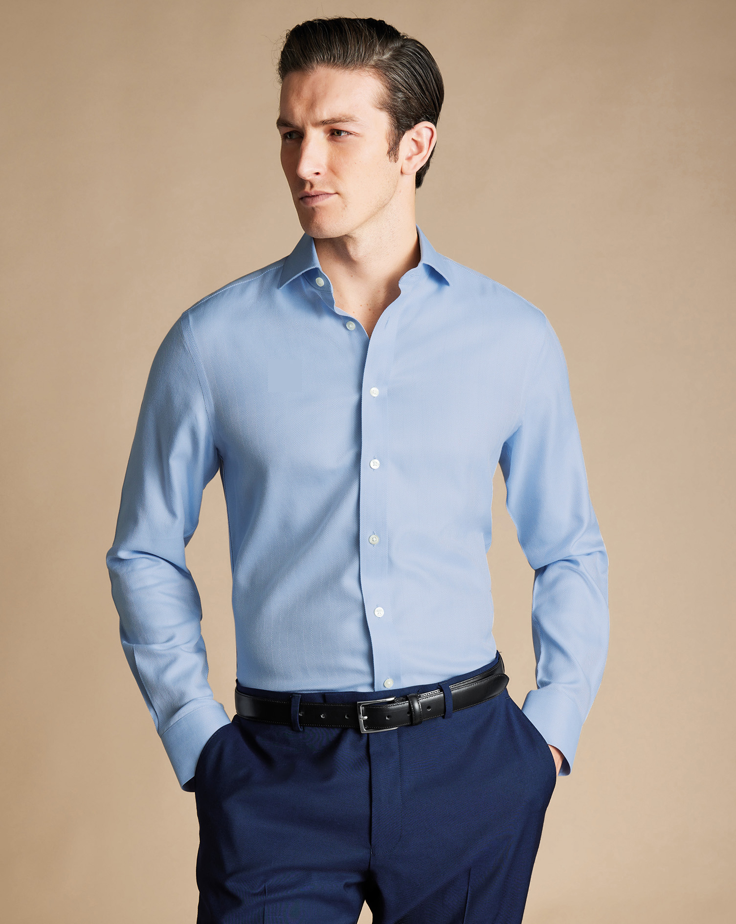 Cutaway Collar Non-Iron Herringbone Shirt - Sky Blue