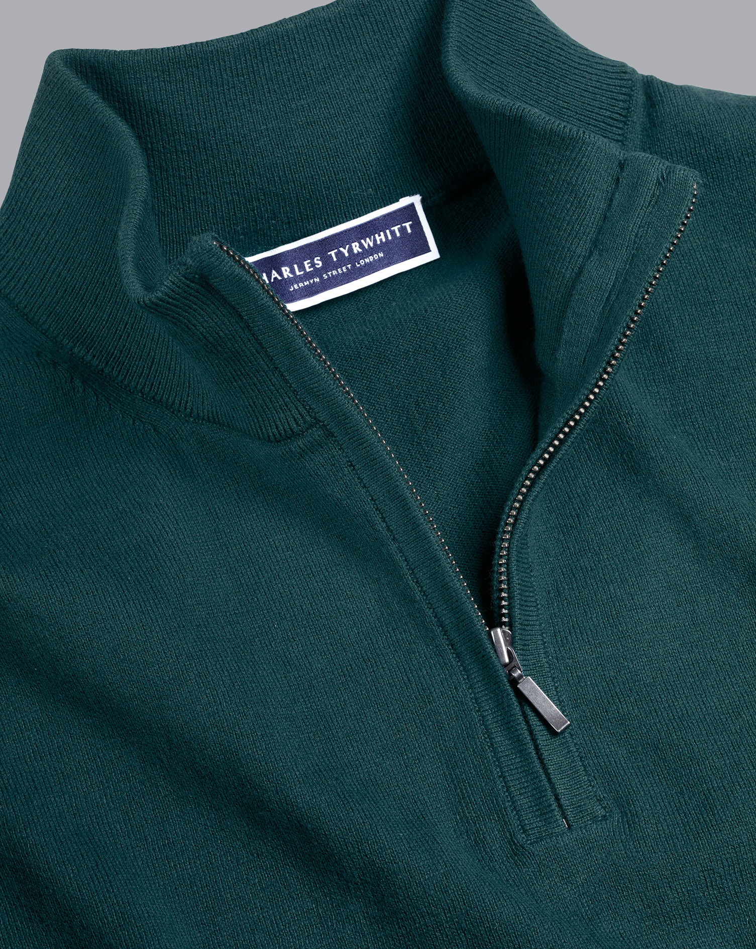 Combed Cotton Zip Neck Jumper - Teal Green