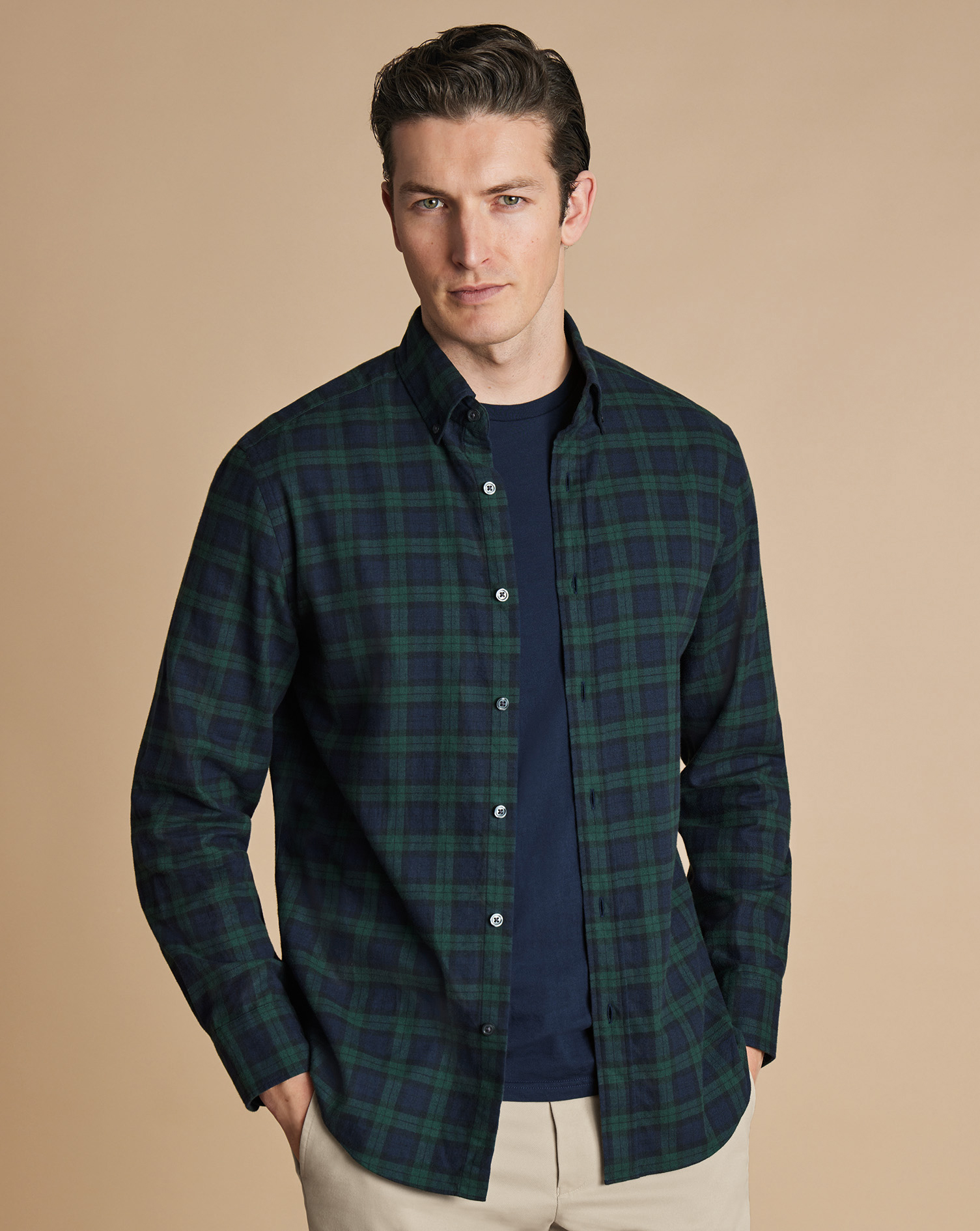 Button-Down Collar Brushed Flannel Shirt - Navy