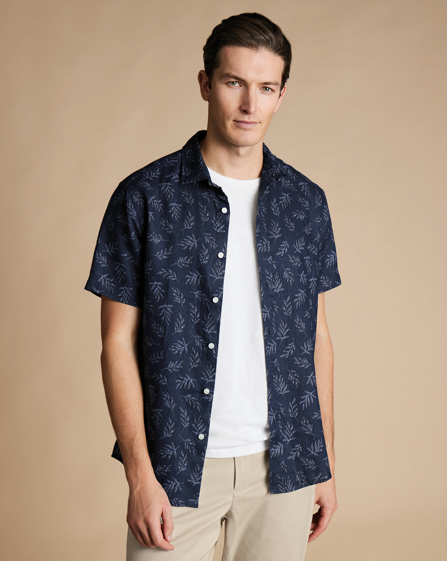 Pure Linen Leaf Print Short Sleeve Shirt - Indigo Blue