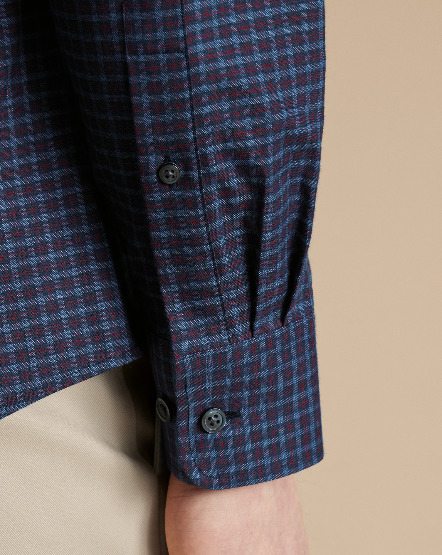 Button-Down Collar Brushed Cotton Twill Check Shirt - Indigo Blue & Red