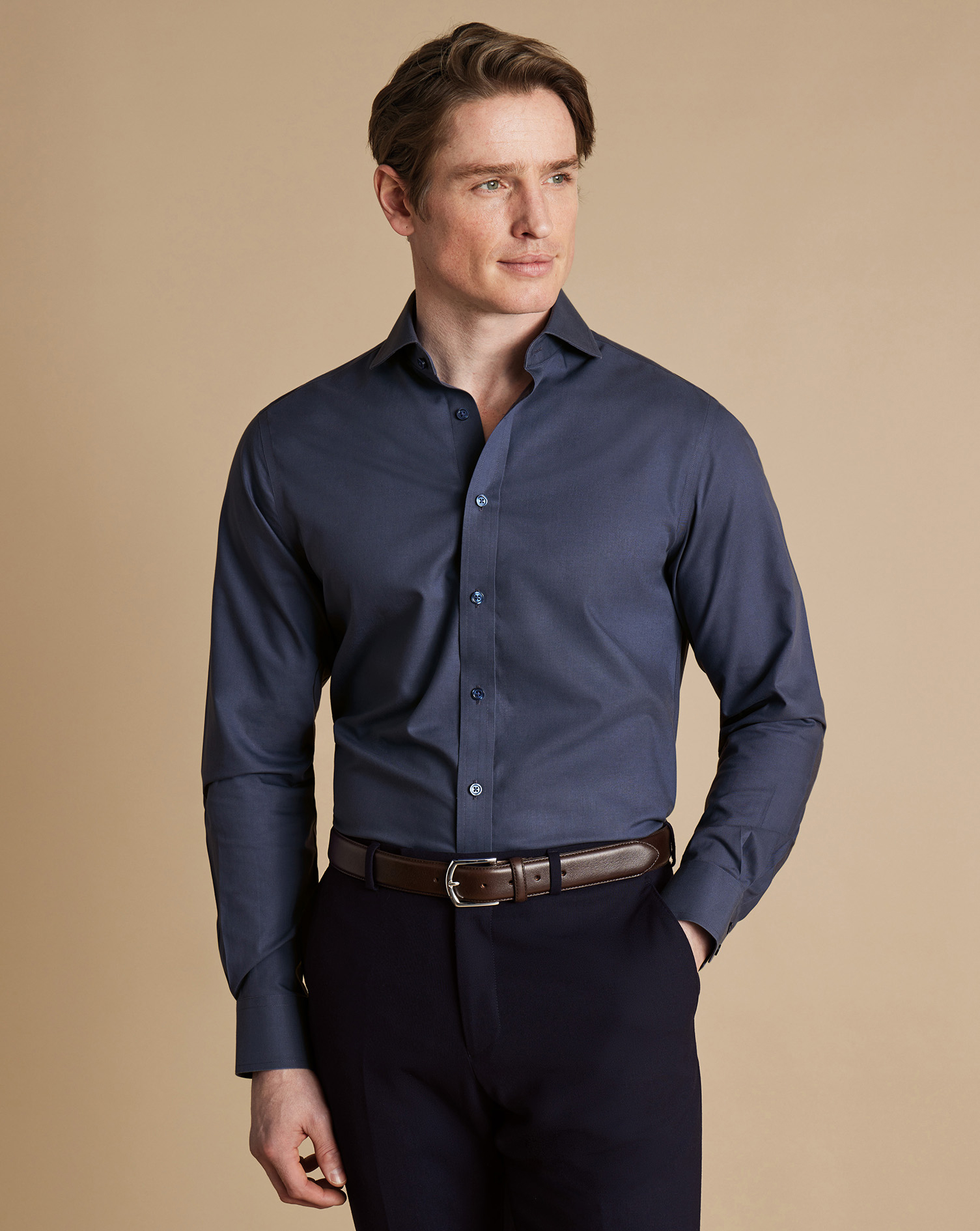 Cutaway Collar Non-Iron  Poplin Shirt - Heather Blue