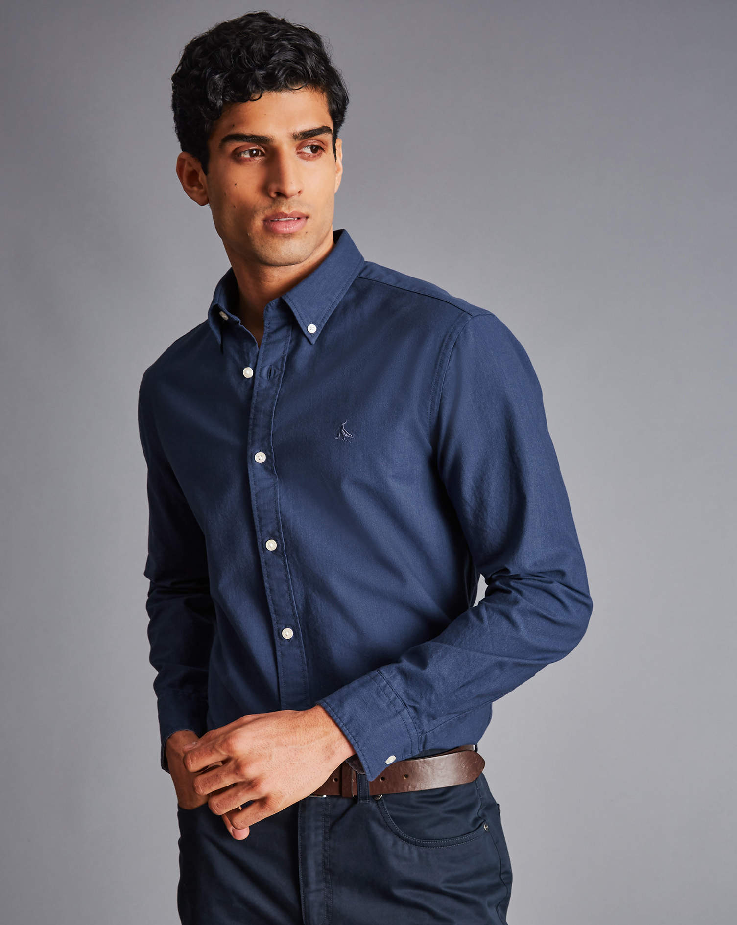 Button-Down Collar Washed Oxford Shirt - Dark Blue Melange