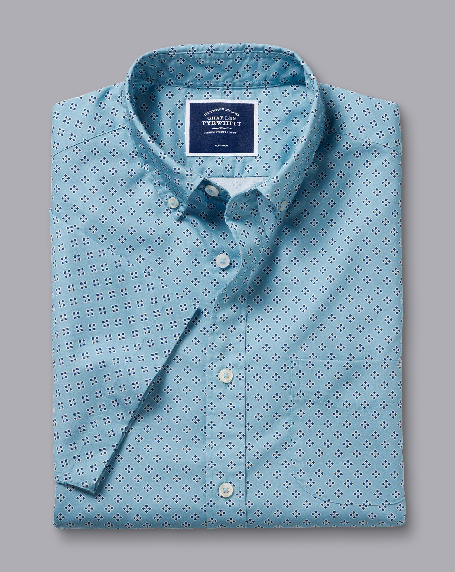 Button-Down Collar Non-Iron Stretch Poplin Diamond Print Short Sleeve Shirt - Aqua Green