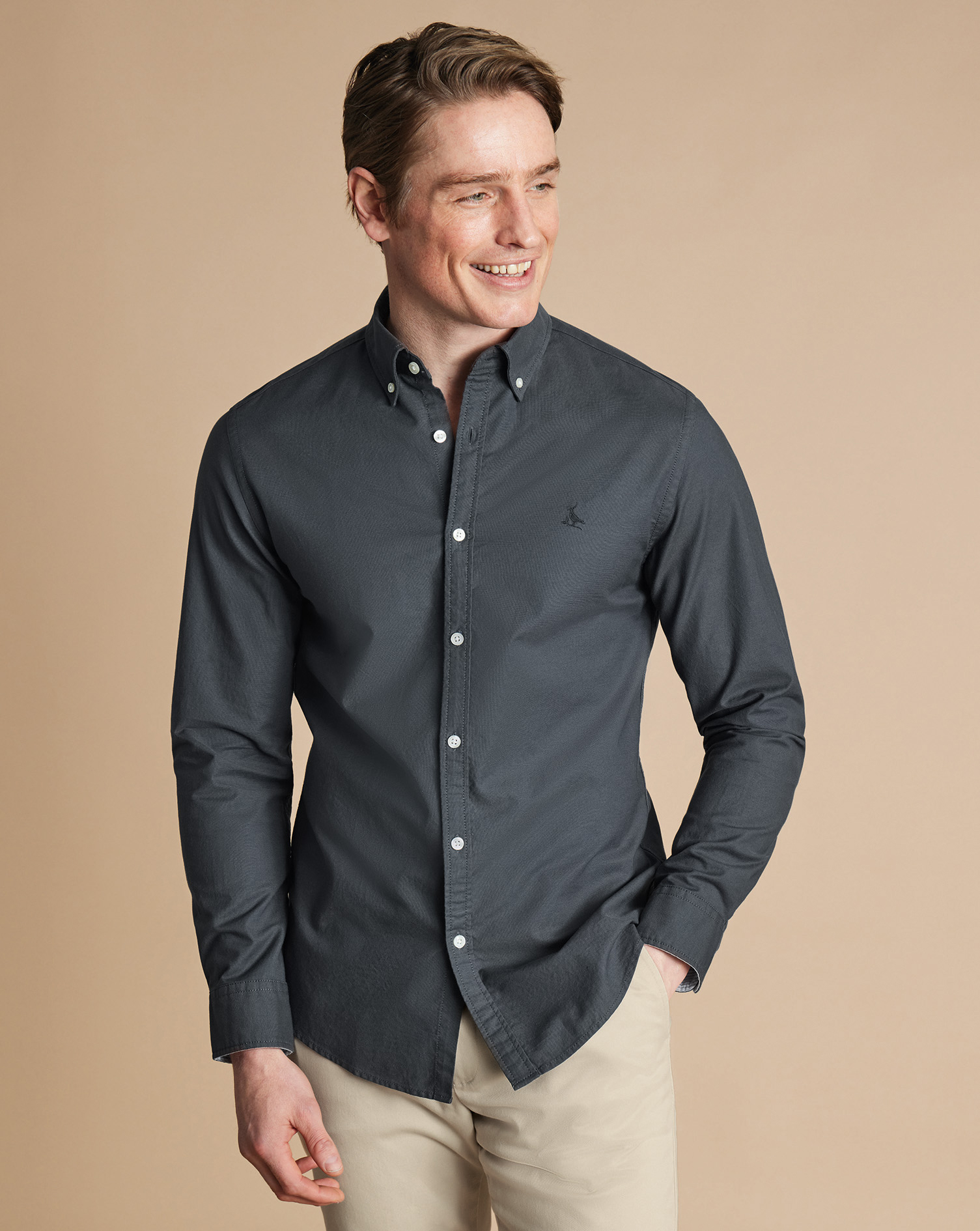 Button-Down Collar Stretch Washed Oxford Shirt - Slate Grey