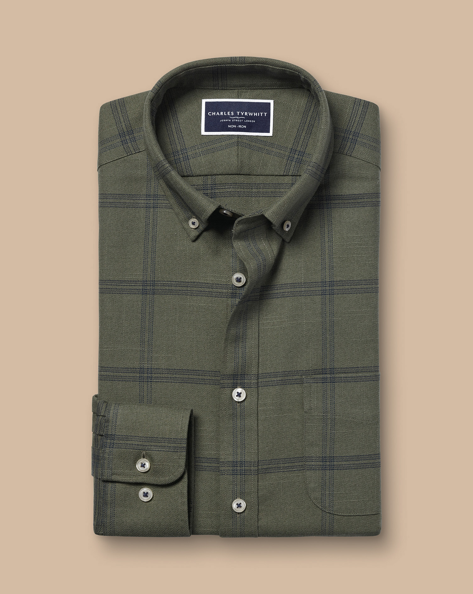 Button-Down Collar Non-Iron Twill Large Grid Check Shirt - Olive Green