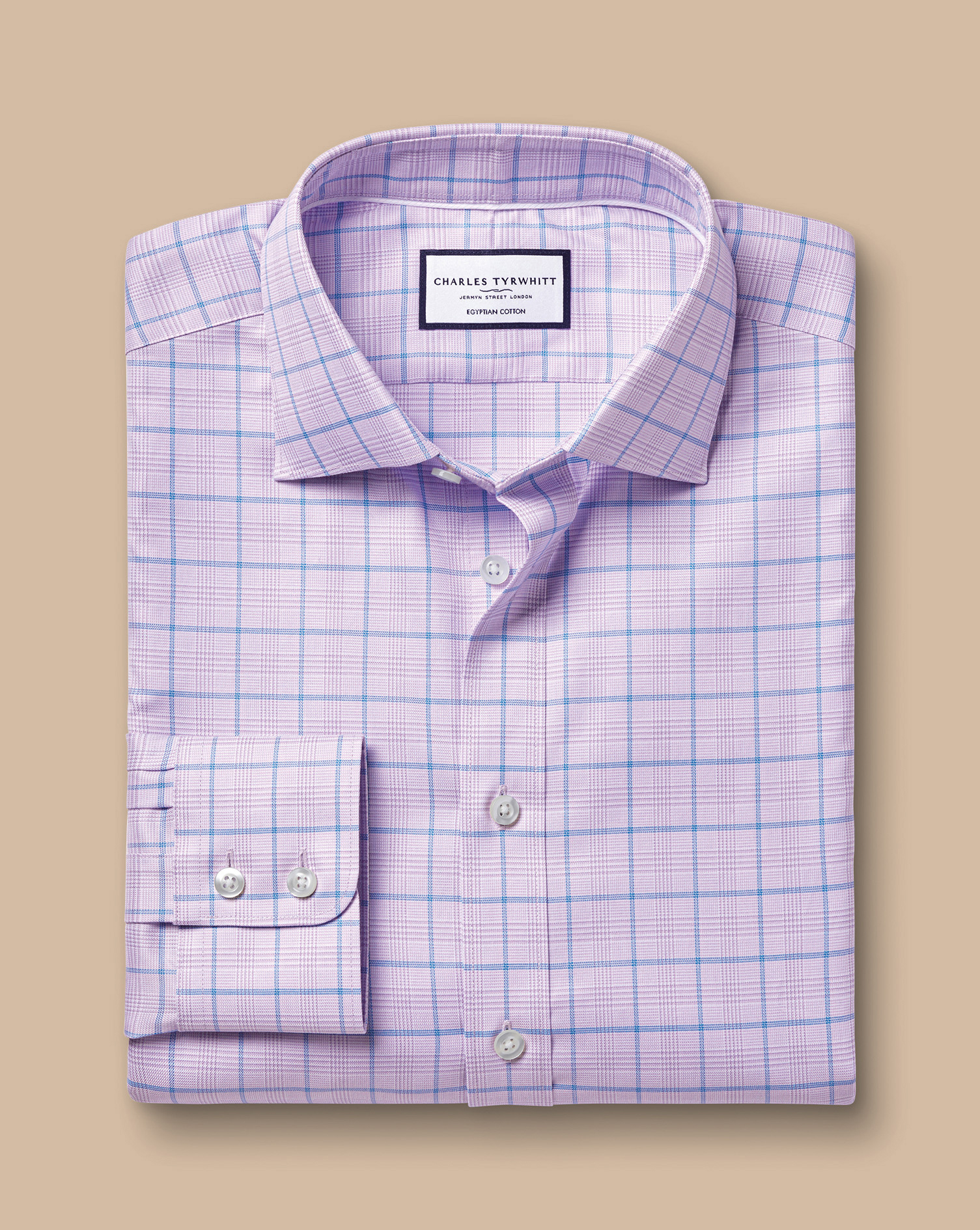 Semi-Cutaway Collar Egyptian Cotton Prince Of Wales Check Shirt - Lilac Purple