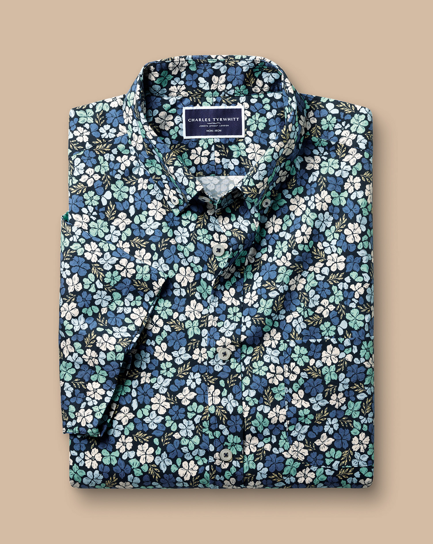 Non-Iron Floral Print Short Sleeve Shirt - Mid Blue