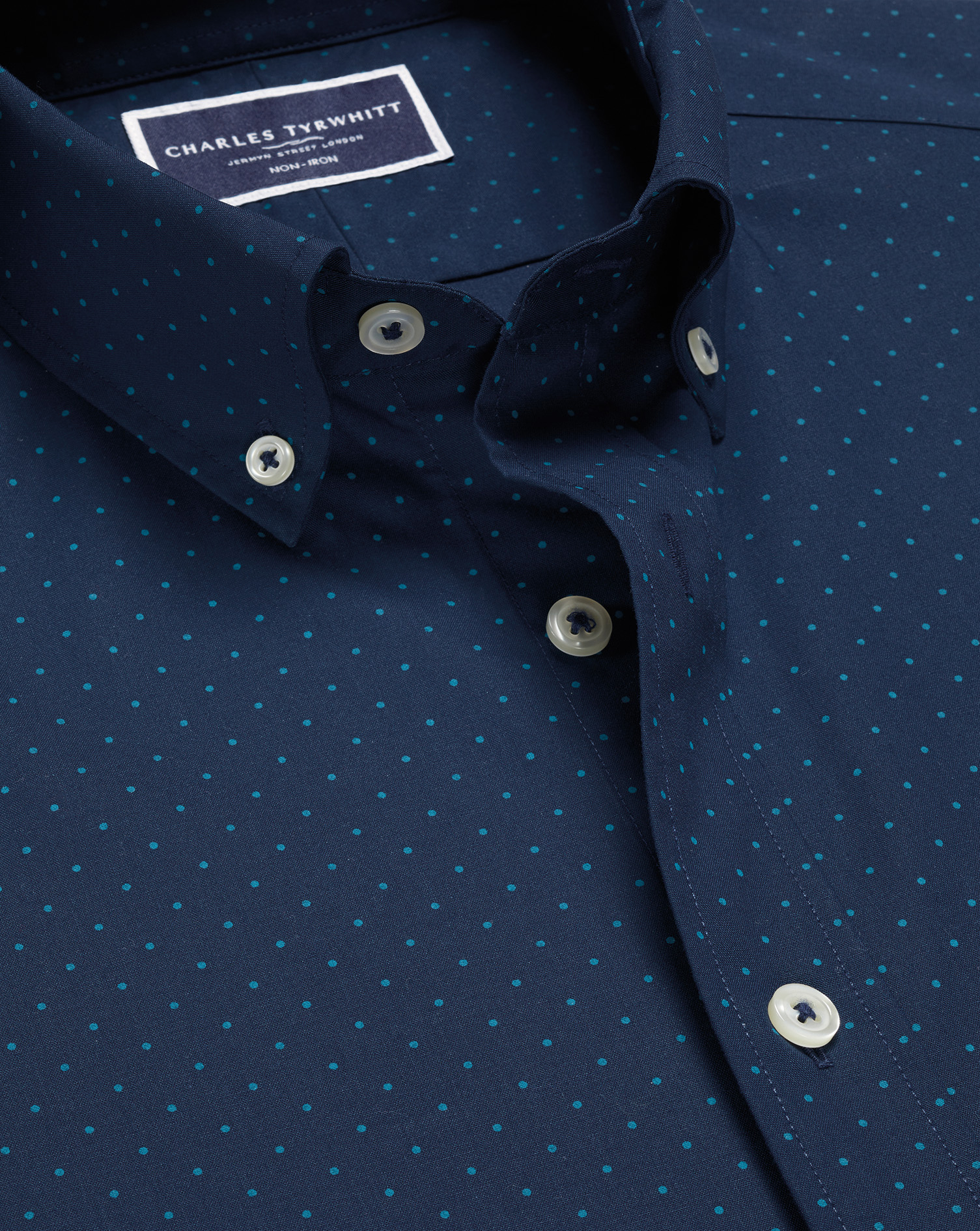 Non-Iron Stretch Print Spot Shirt - Petrol Blue