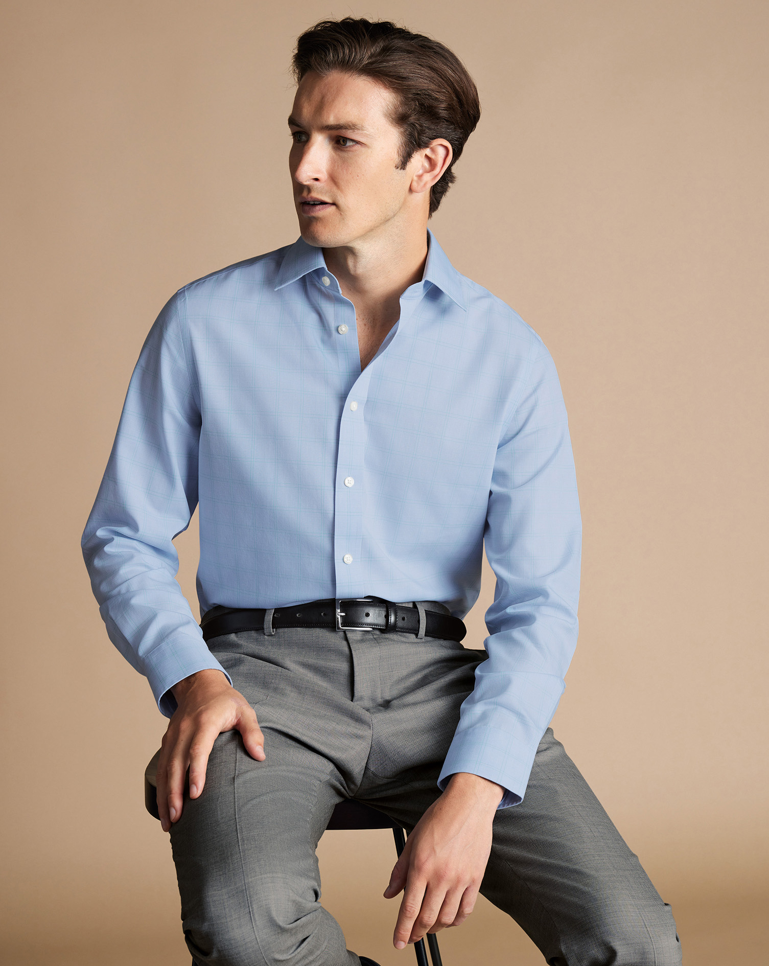 Non-Iron Prince Of Wales Poplin Shirt - Light Blue