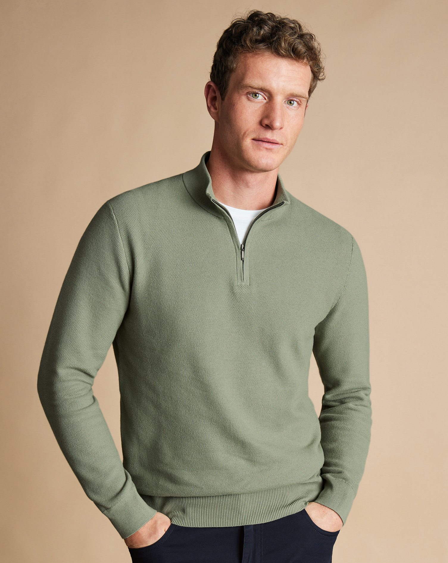 Honeycomb Cotton Zip Neck Jumper - Sage Green