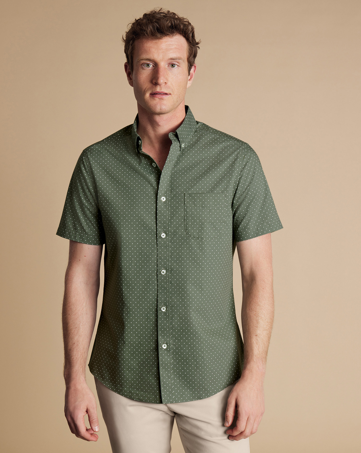 Non-Iron Stretch Spot Print Short Sleeve Shirt - Olive Green