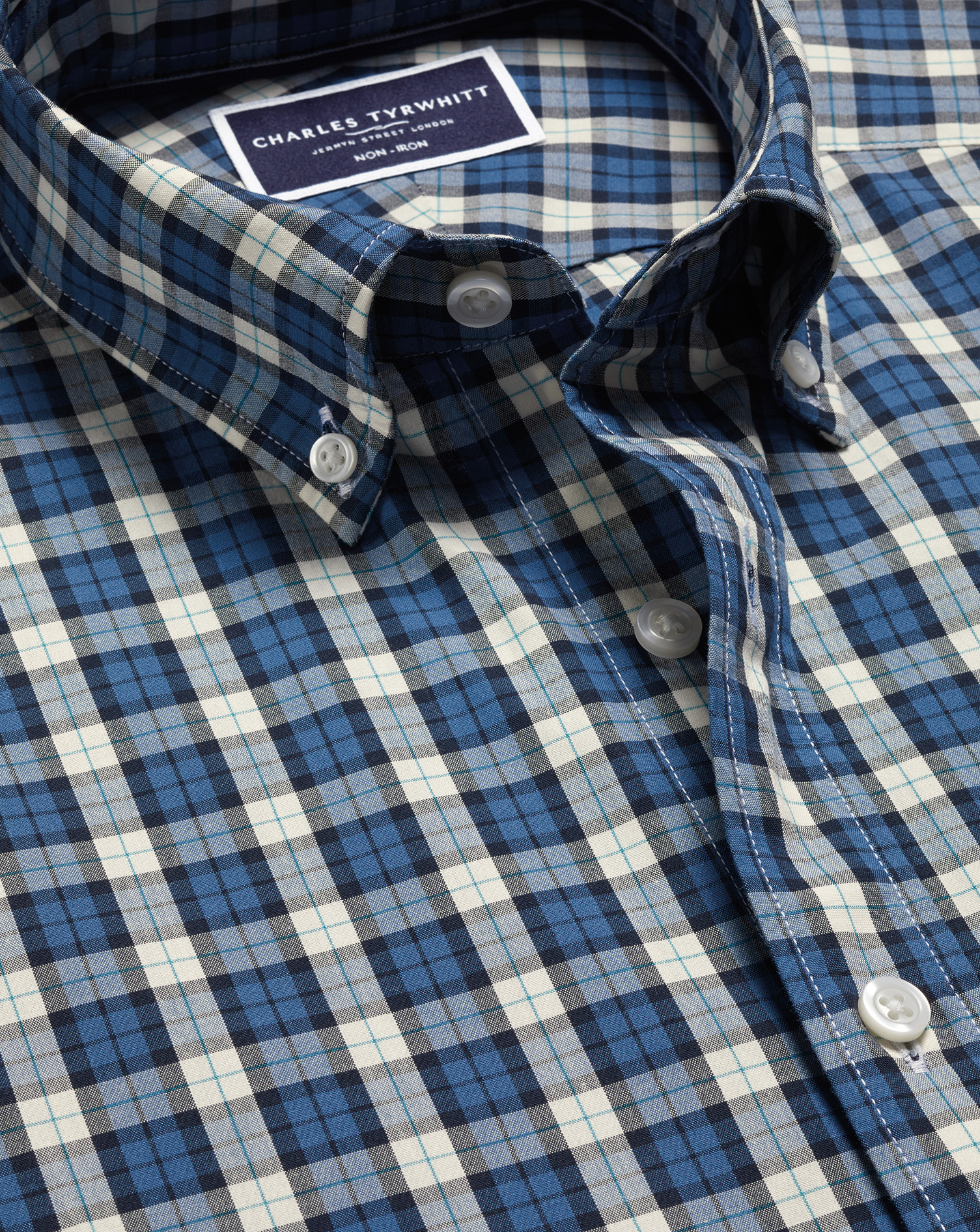 Button-Down Collar Non-Iron Stretch Poplin Plaid Check Shirt - Ocean Blue