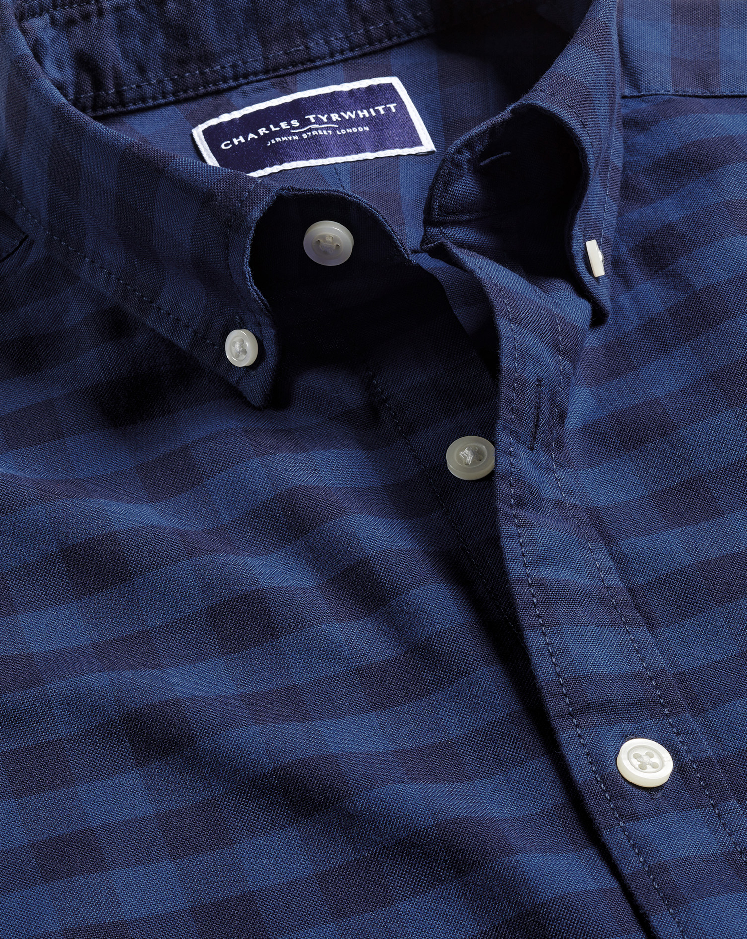 Button-Down Collar Stretch Washed Oxford Gingham Shirt - Ink Blue