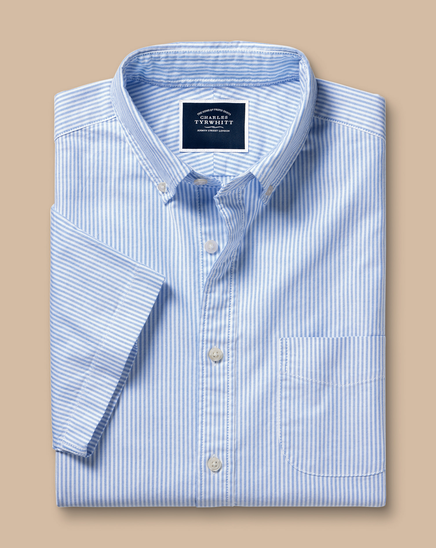 Washed Oxford Stripe Short Sleeve Shirt - Blue