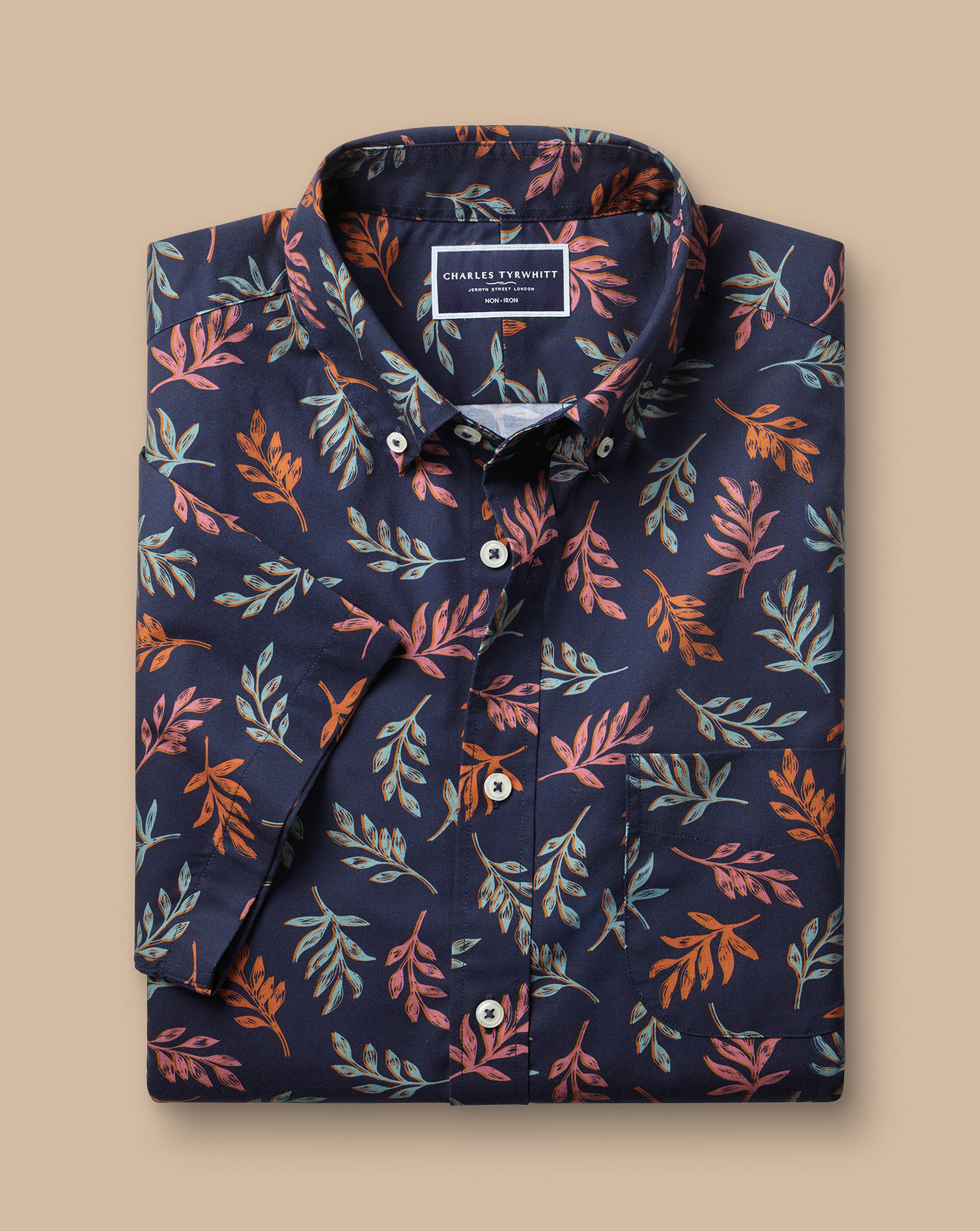 Non-Iron Leaf Print Short Sleeve Shirt - Navy