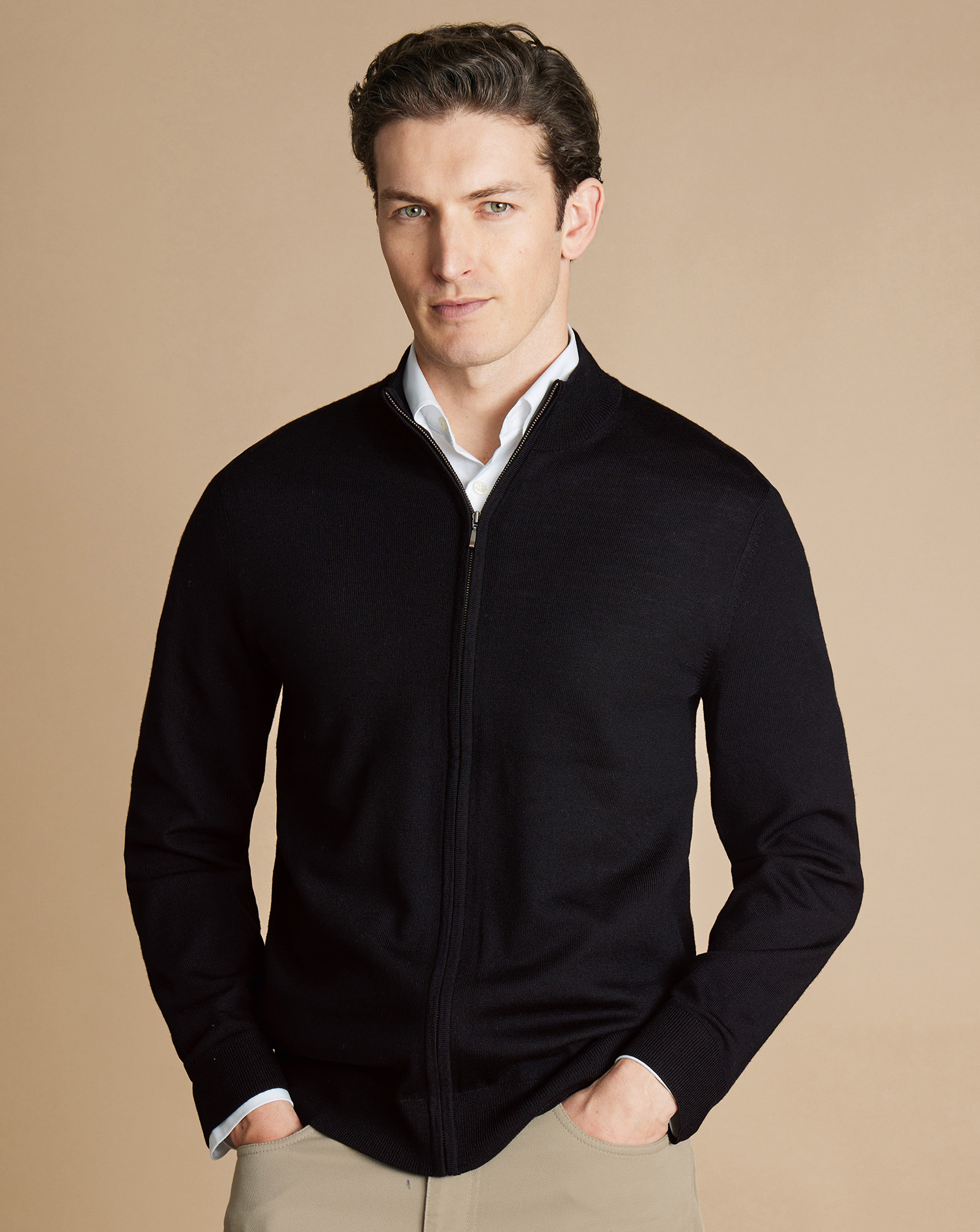 Charles Tyrwhitt Merino-Strickjacke mit Reißverschluss - Schwarz