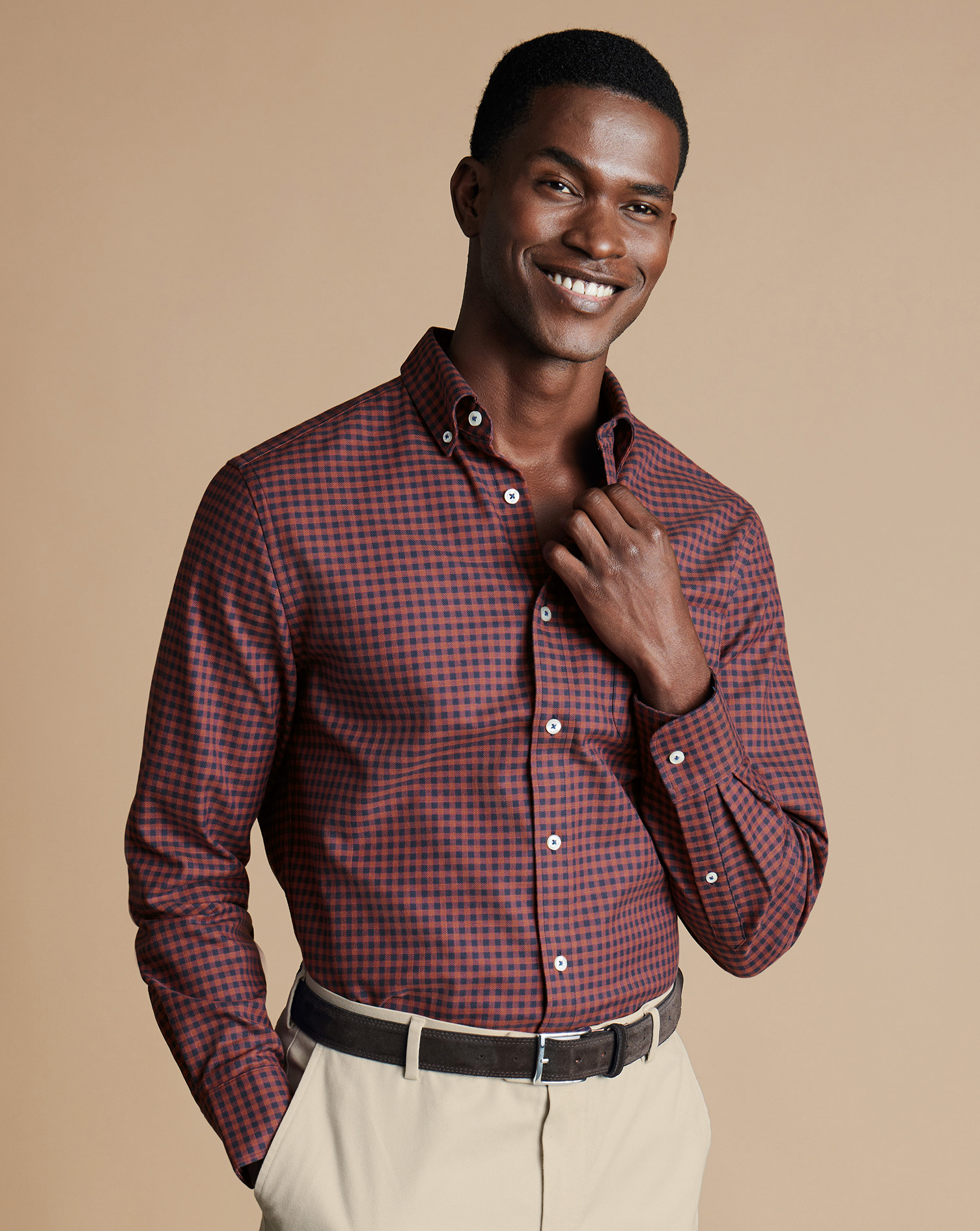 Button-Down Collar Non-Iron Twill Gingham Shirt - Salmon Pink