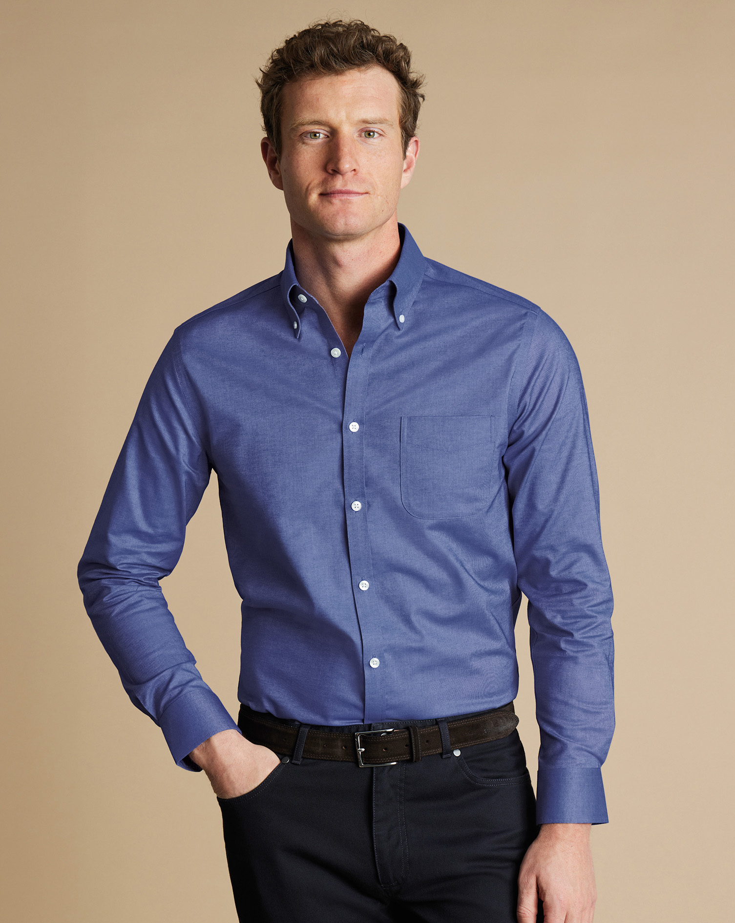 Button-Down Collar Non-Iron Stretch Oxford Shirt - Cobalt Blue