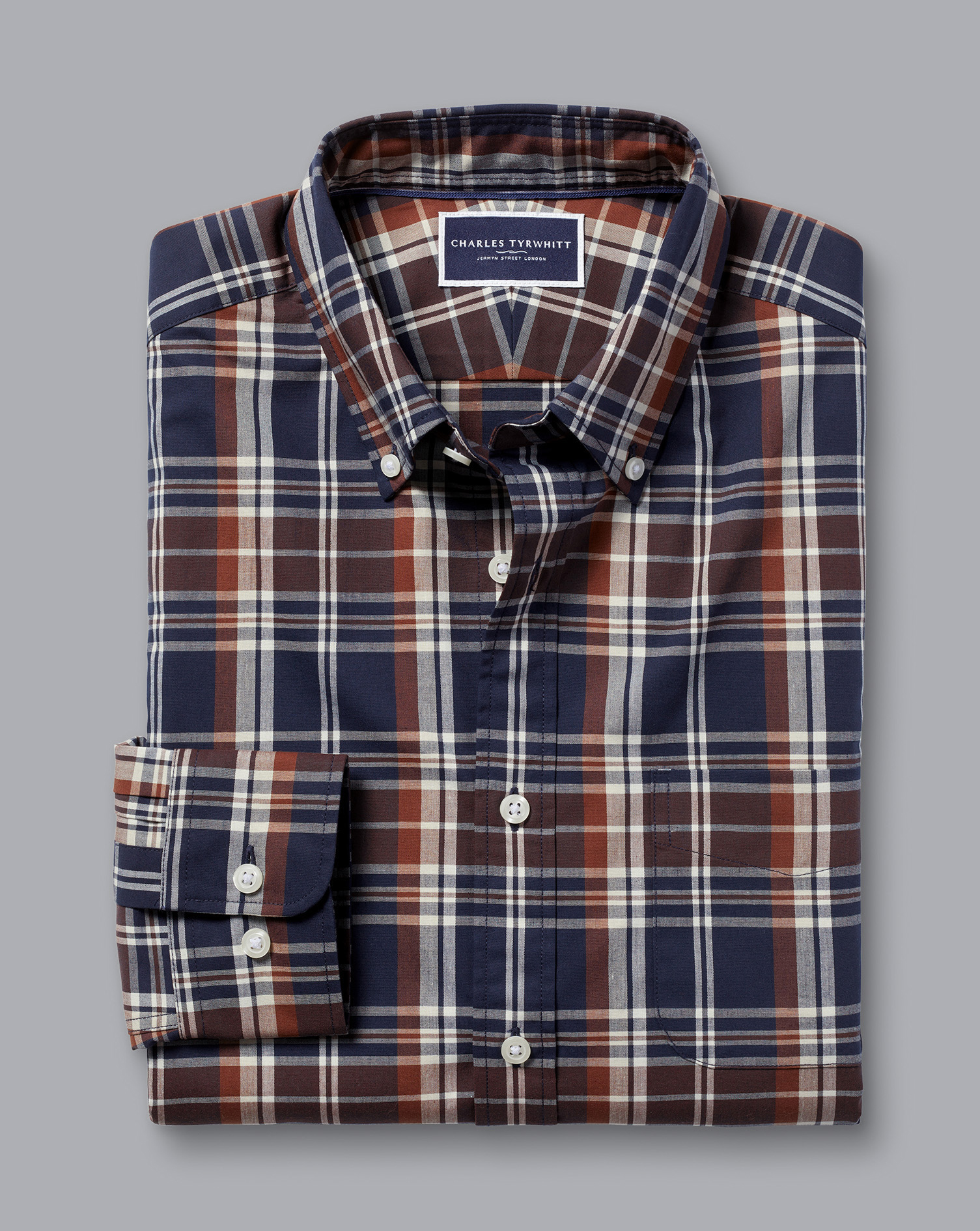 Button-Down Collar Non-Iron Stretch Poplin Plaid Check Shirt - Rust