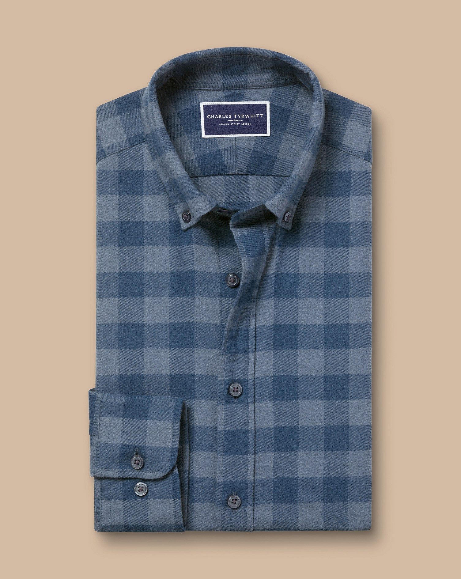 Button-Down Collar Brushed Flannel Gingham Shirt - Steel Blue