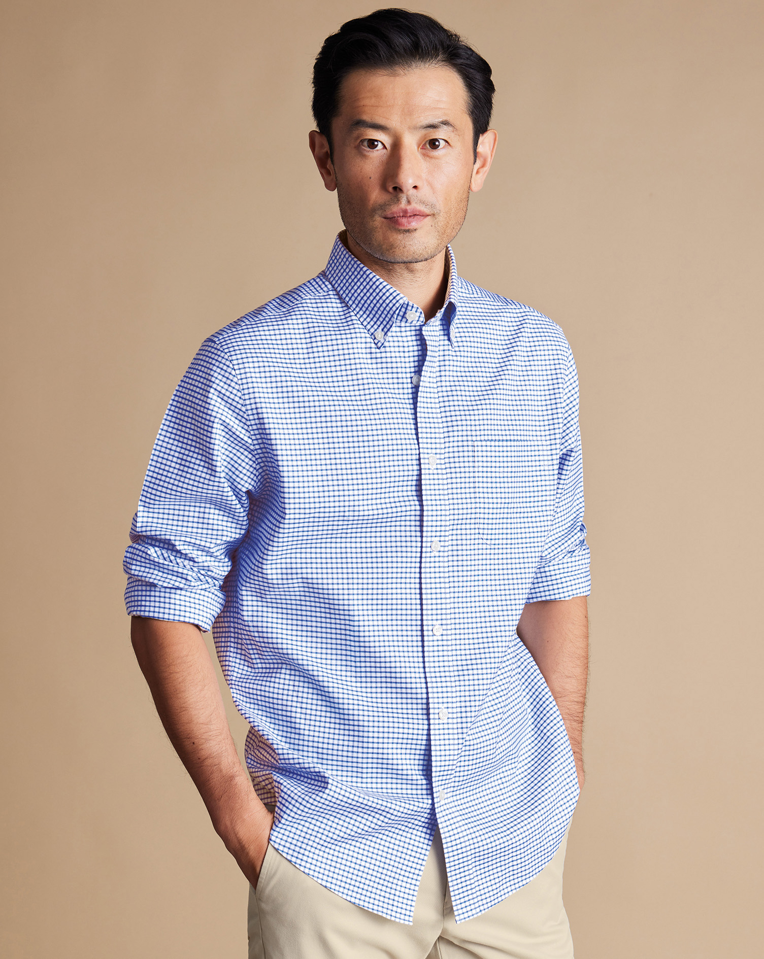 Button-Down Collar Non-Iron Stretch Check Oxford Shirt - Cornflower Blue