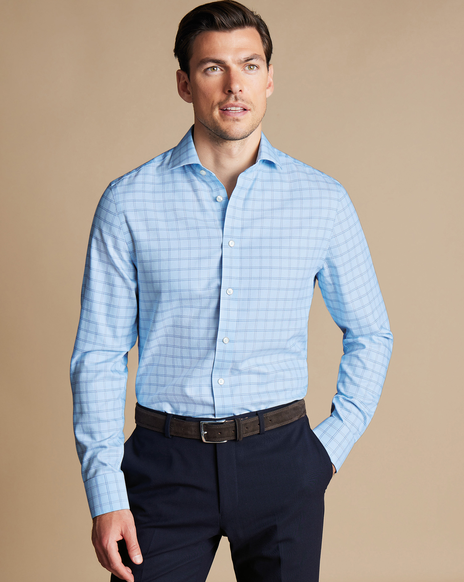 Cutaway Collar Non-Iron Mayfair Weave Check Shirt - Sky Blue