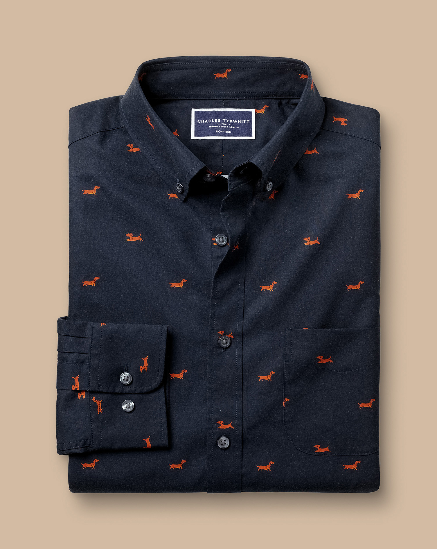 Button-Down Collar Non-Iron Stretch Dog Print Shirt - Navy