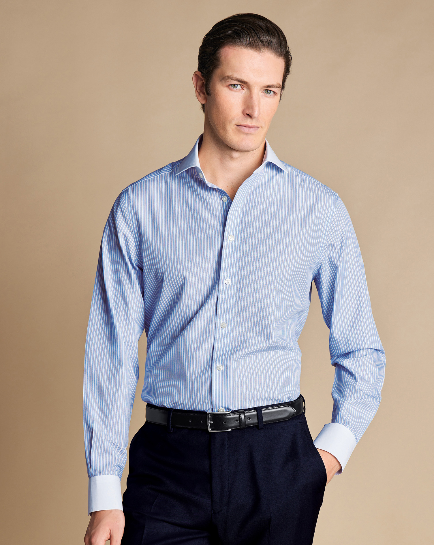 Cutaway Collar Non-Iron Poplin Winchester Guard Stripe Shirt - Cornflower Blue