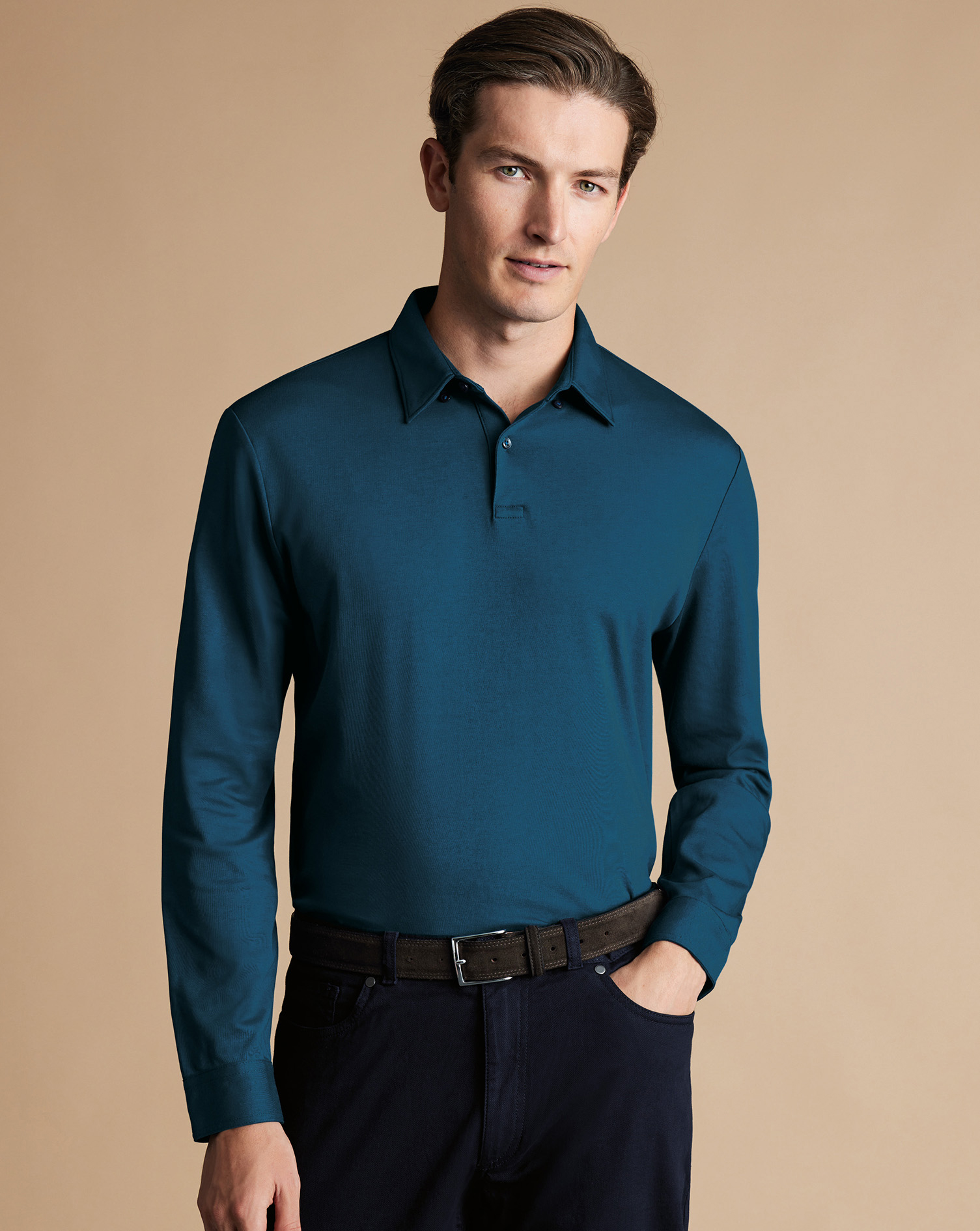 Long Sleeve Smart Jersey Polo - Turquoise Blue