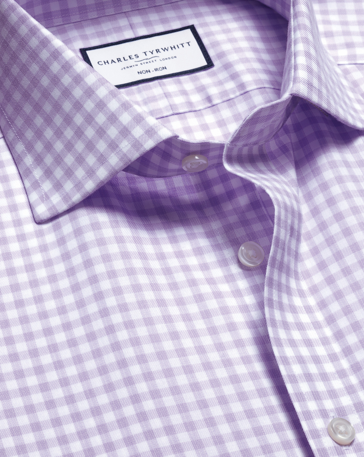 Charles Tyrwhitt Bügelfreies Twill-Hemd mit Gingham-Karos - Lila Knopfmanschette