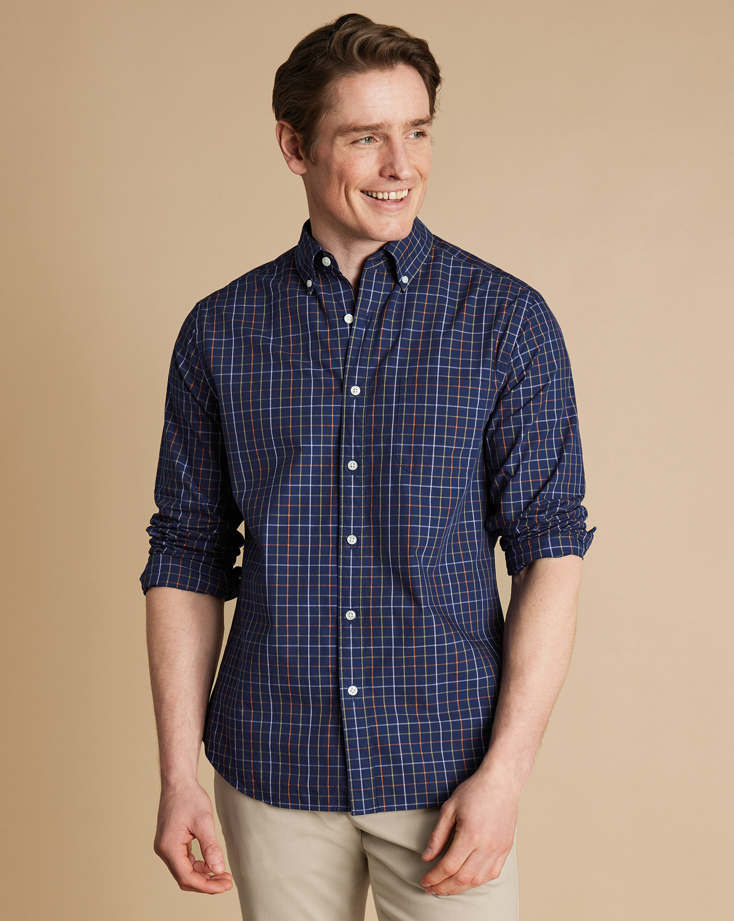 Button-Down Collar Non-Iron Stretch Poplin Grid Check Shirt - Navy