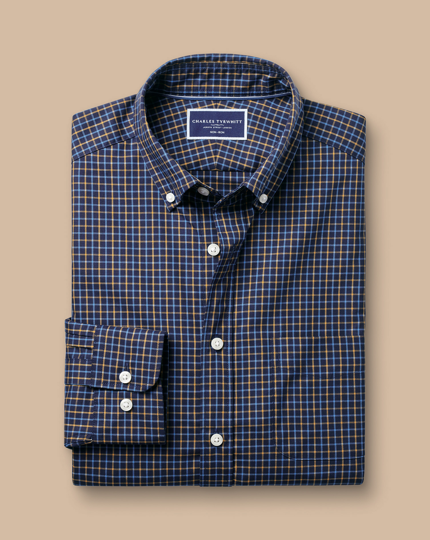 Button-Down Collar Non-Iron Stretch Poplin Fine Line Check Shirt - Navy & Gold