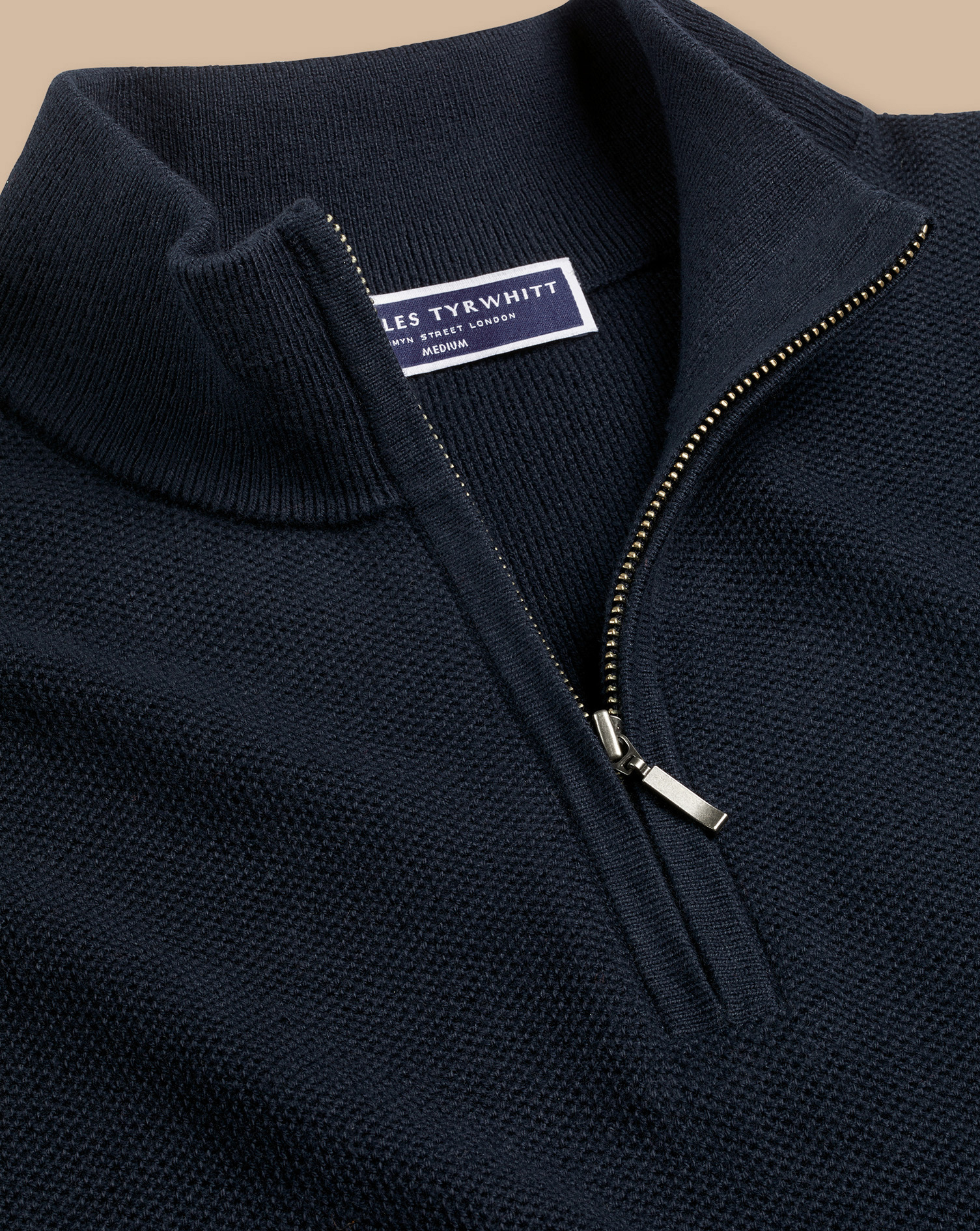 Honeycomb Cotton Zip Neck Jumper - Dark Navy