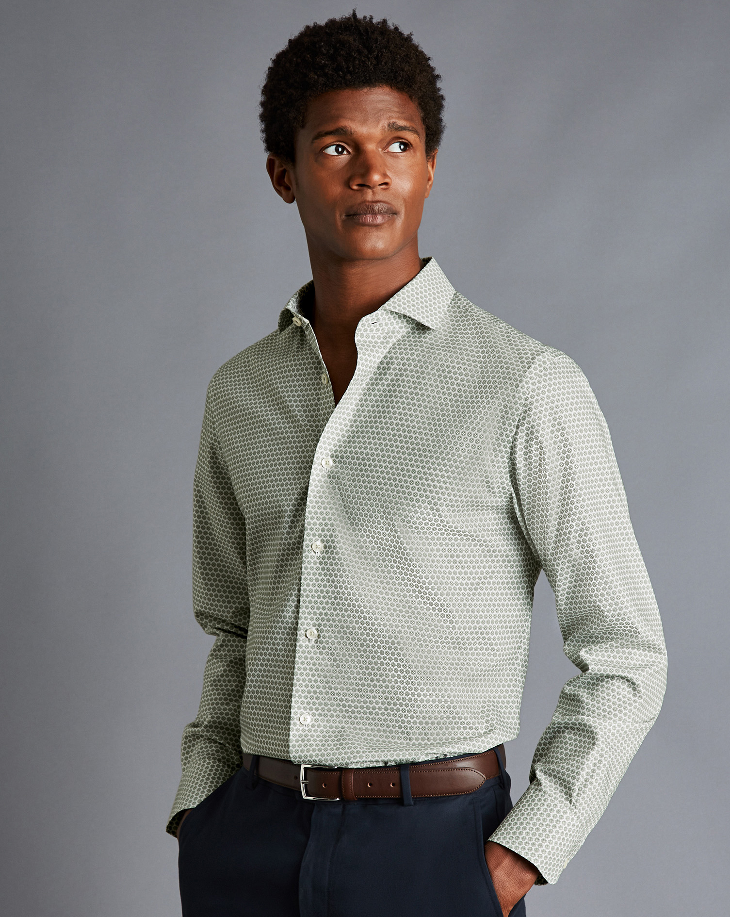 Semi-Cutaway Collar Non-Iron Decorative Print Shirt - Olive Green