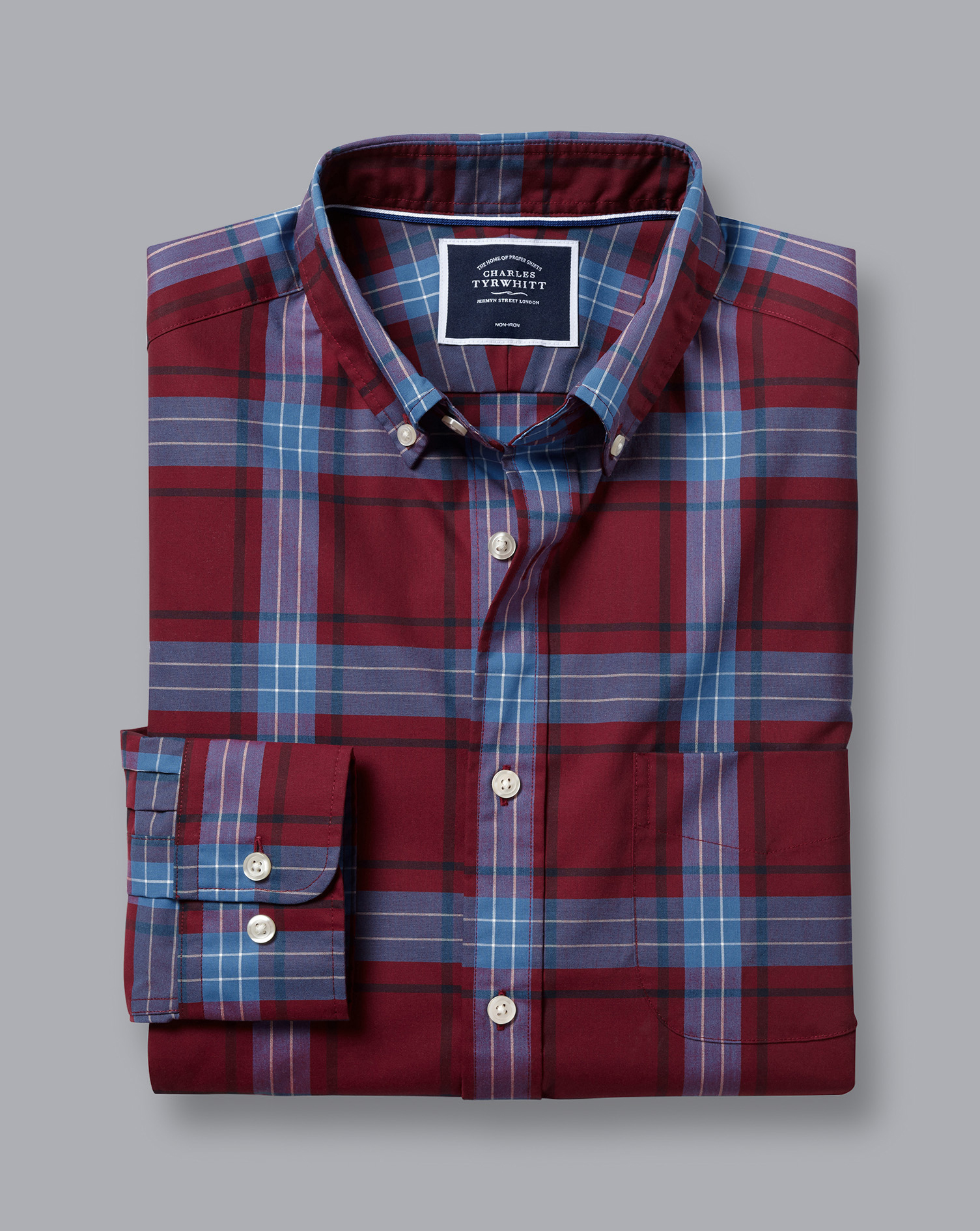 Button-Down Collar Non-Iron Stretch Poplin Large Winter Check Shirt - Red