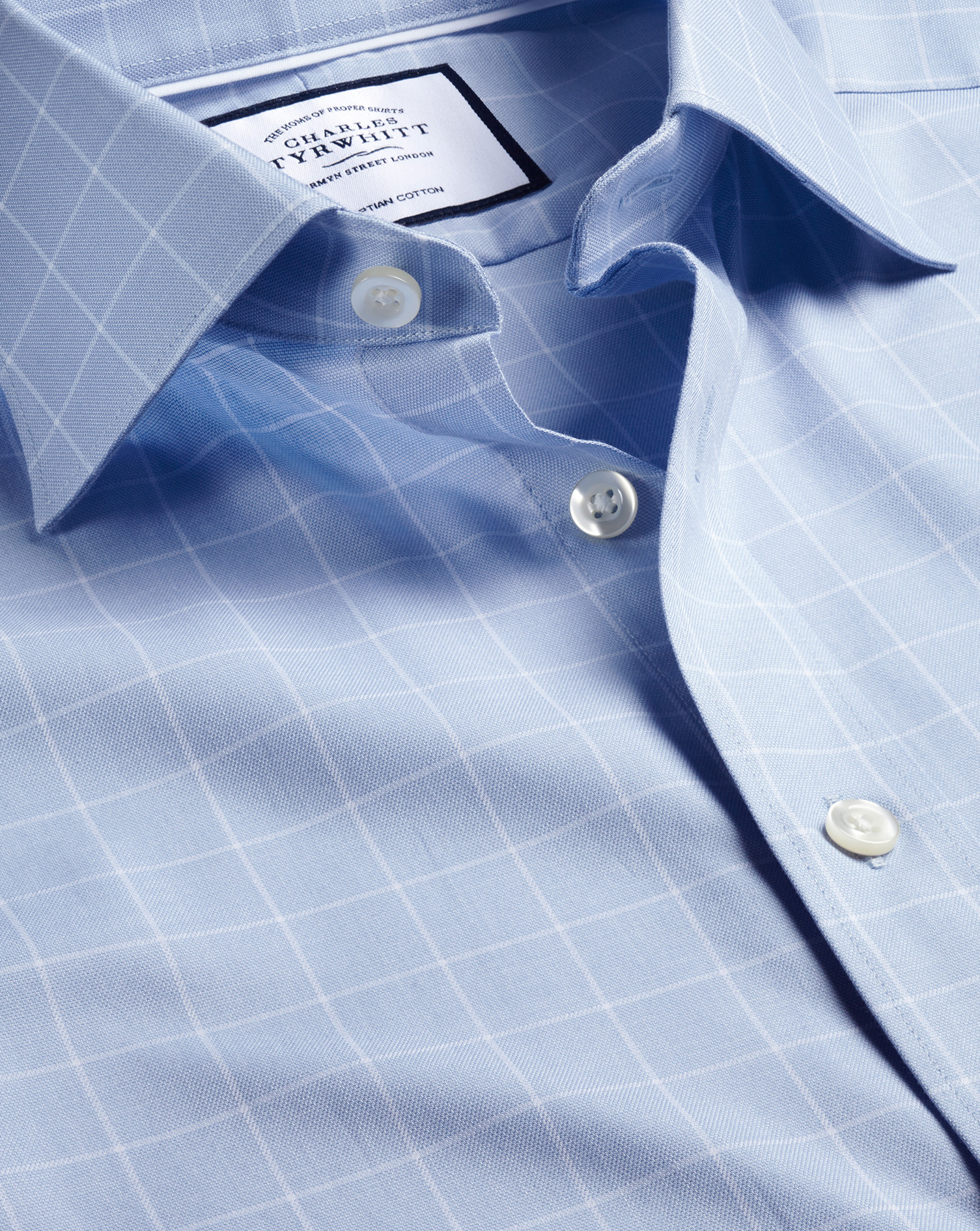 Semi-Cutaway Collar Egyptian Cotton Twill Check Shirt - Cornflower Blue