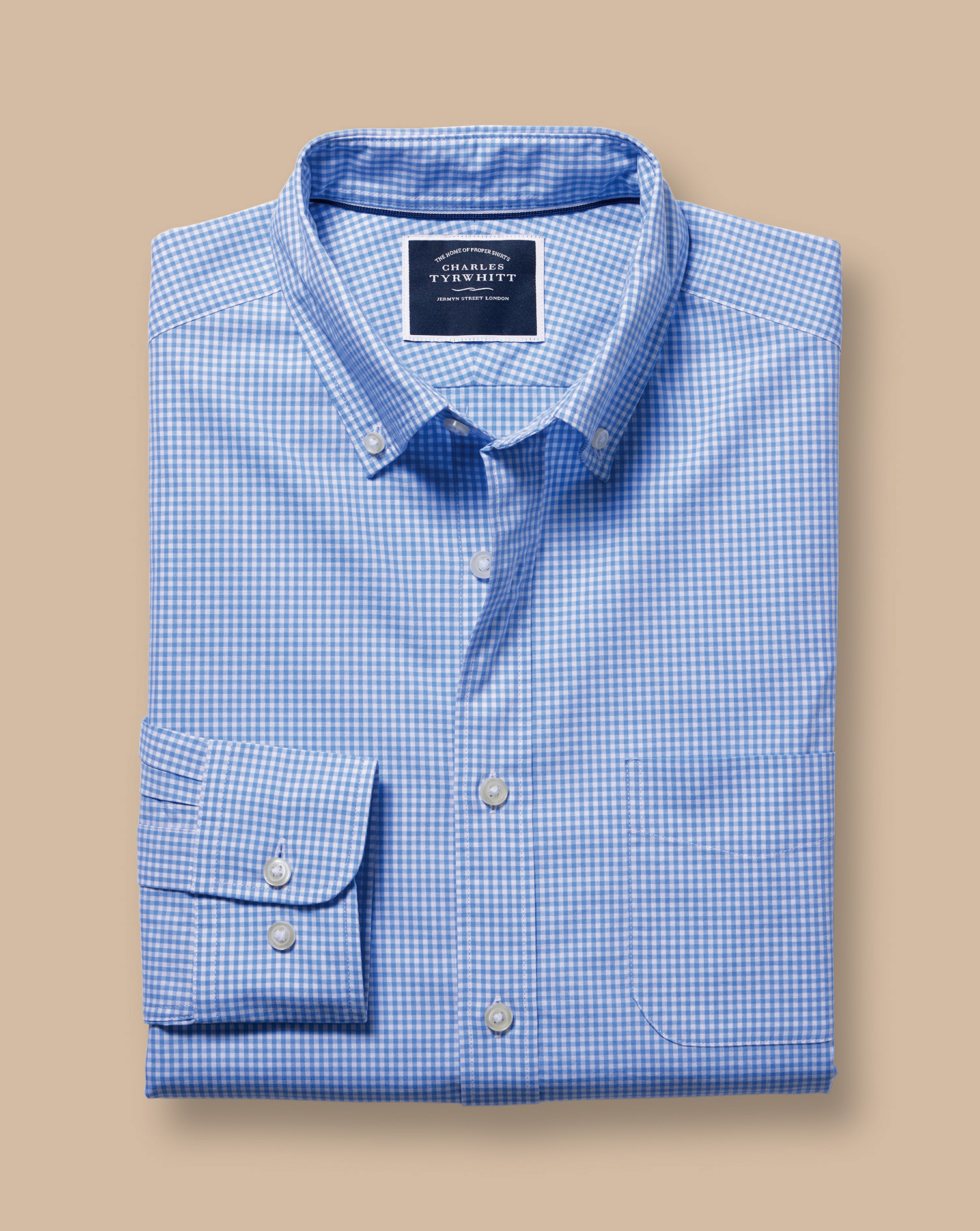 Button-Down Collar Non-Iron Stretch Poplin Mini Gingham Check Shirt - Ocean Blue