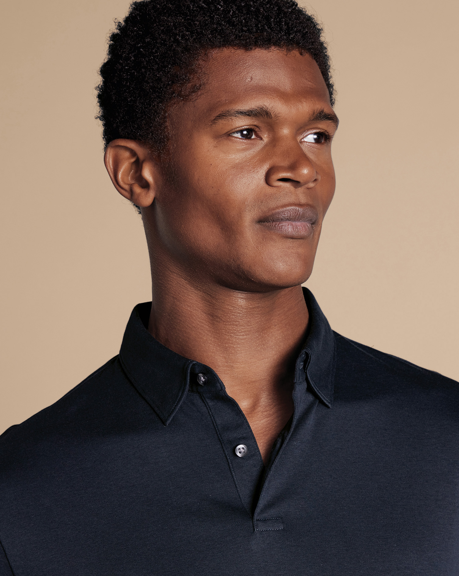 Combed Cotton Long Sleeve Polo - Dark Navy