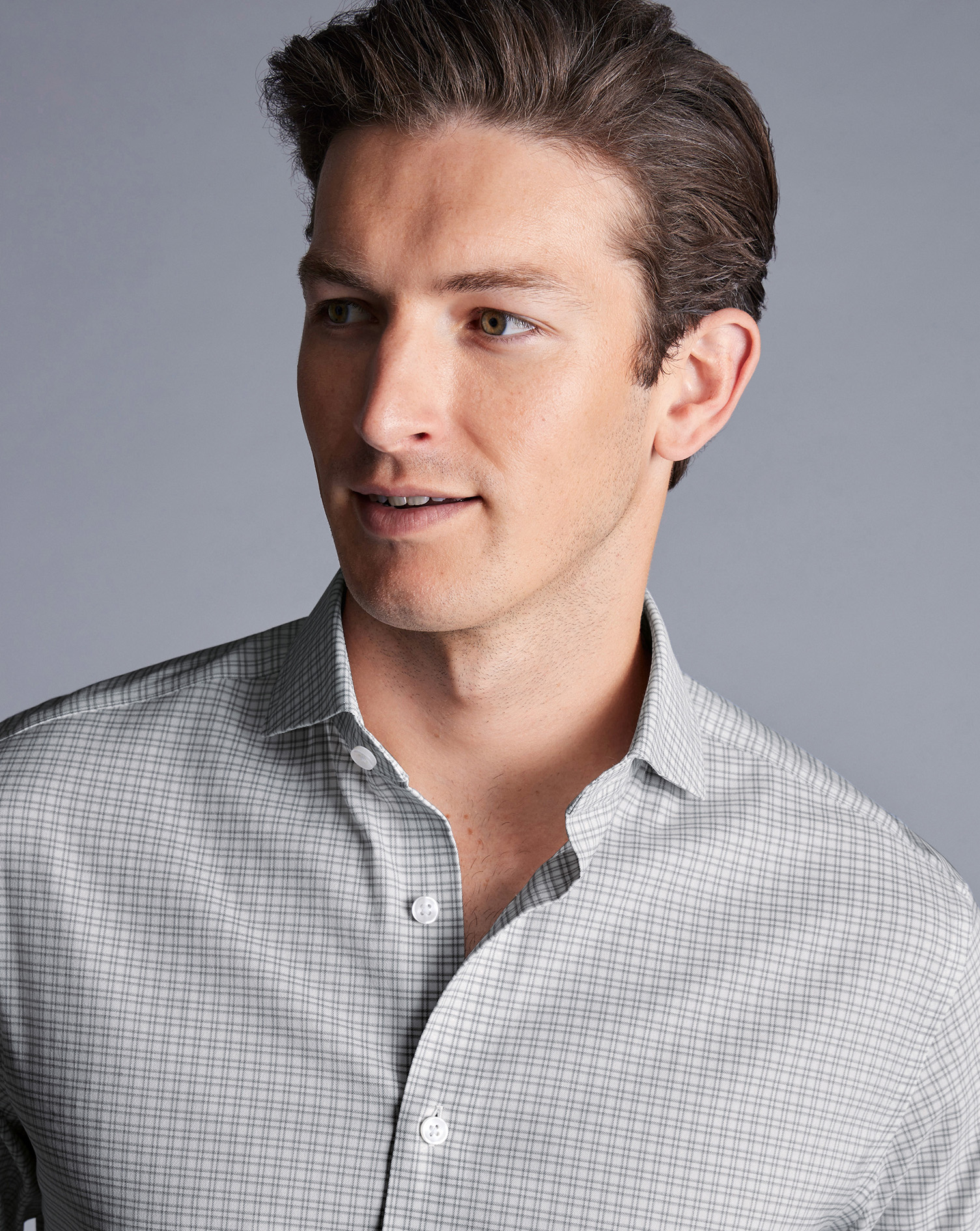 Non-Iron Stretch Twill Grid Check Shirt - Silver Grey