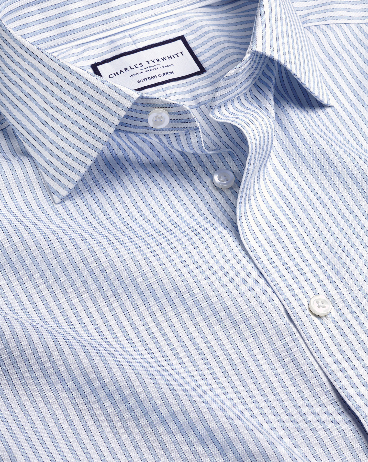 Semi-Cutaway Collar Egyptian Cotton Stripe Shirt - Sky Blue