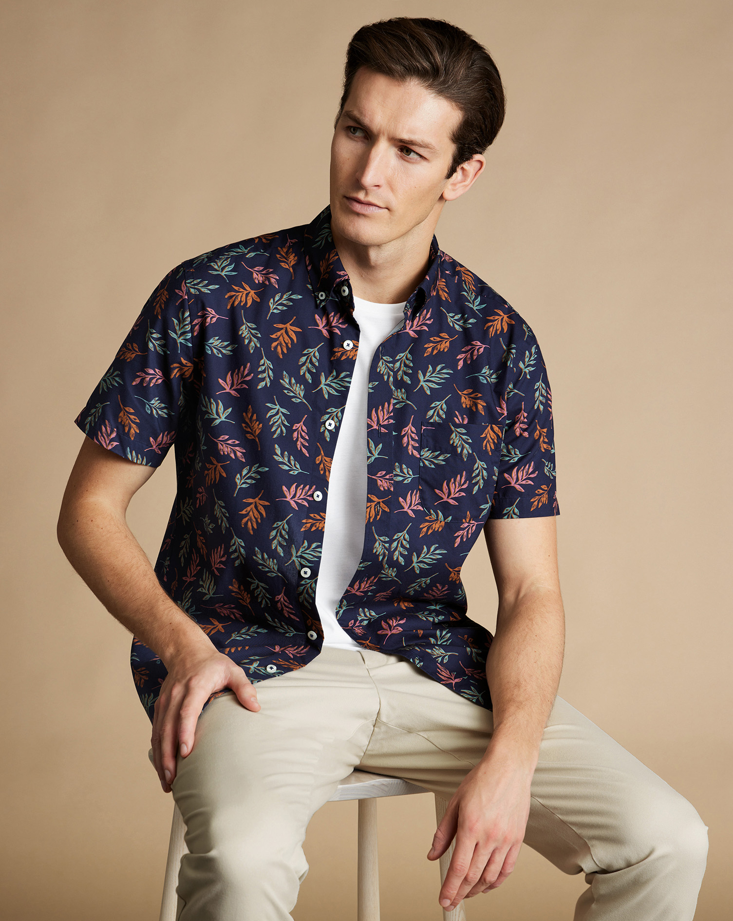 Non-Iron Leaf Print Short Sleeve Shirt - Navy