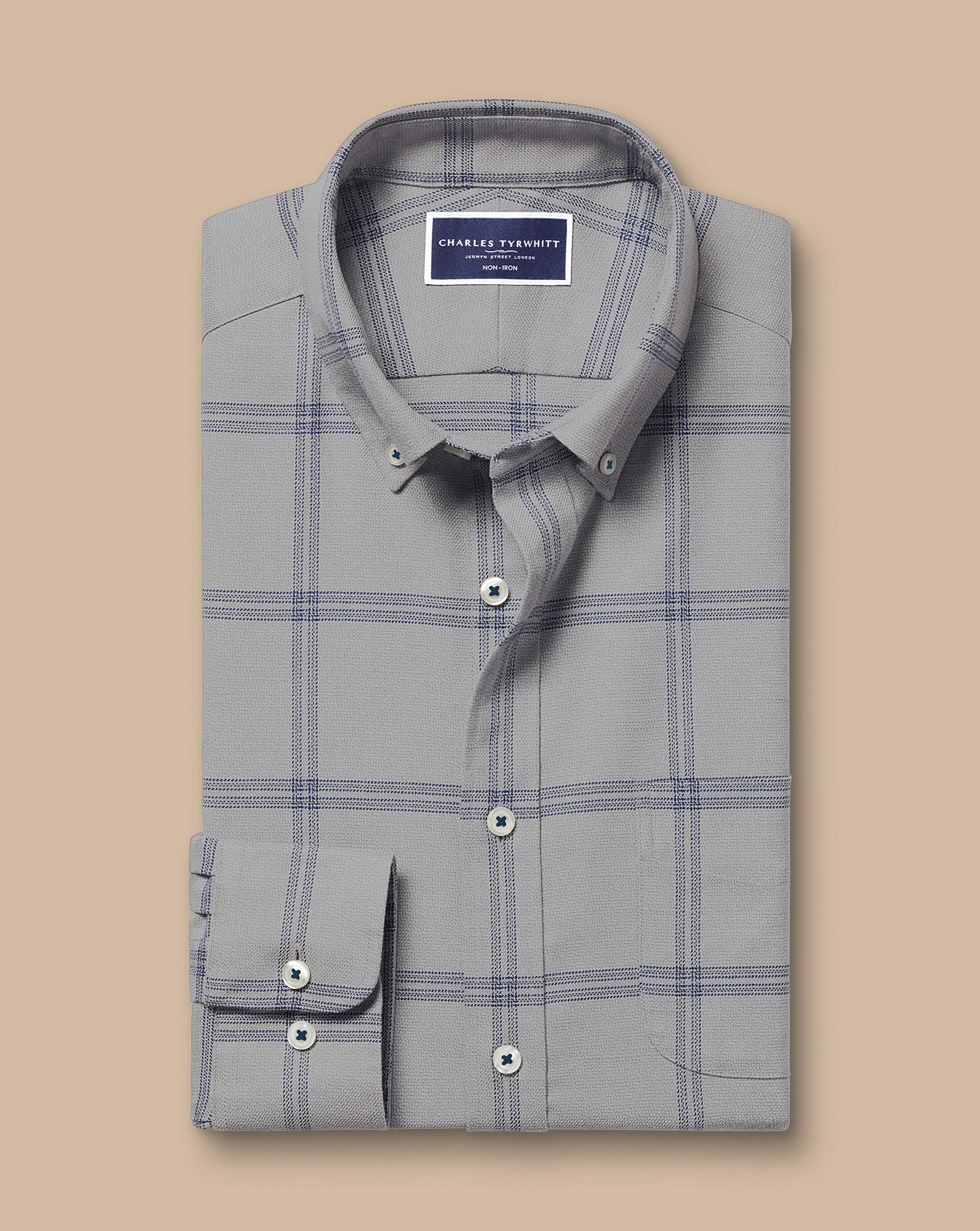 Button-Down Collar Non-Iron Twill Large Grid Check Shirt - Light Grey