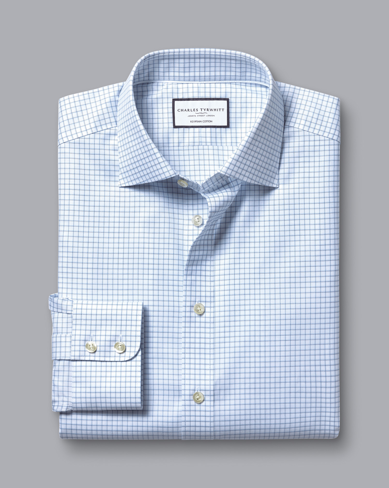 Semi-Cutaway Collar Egyptian Cotton Check Shirt - Ocean Blue