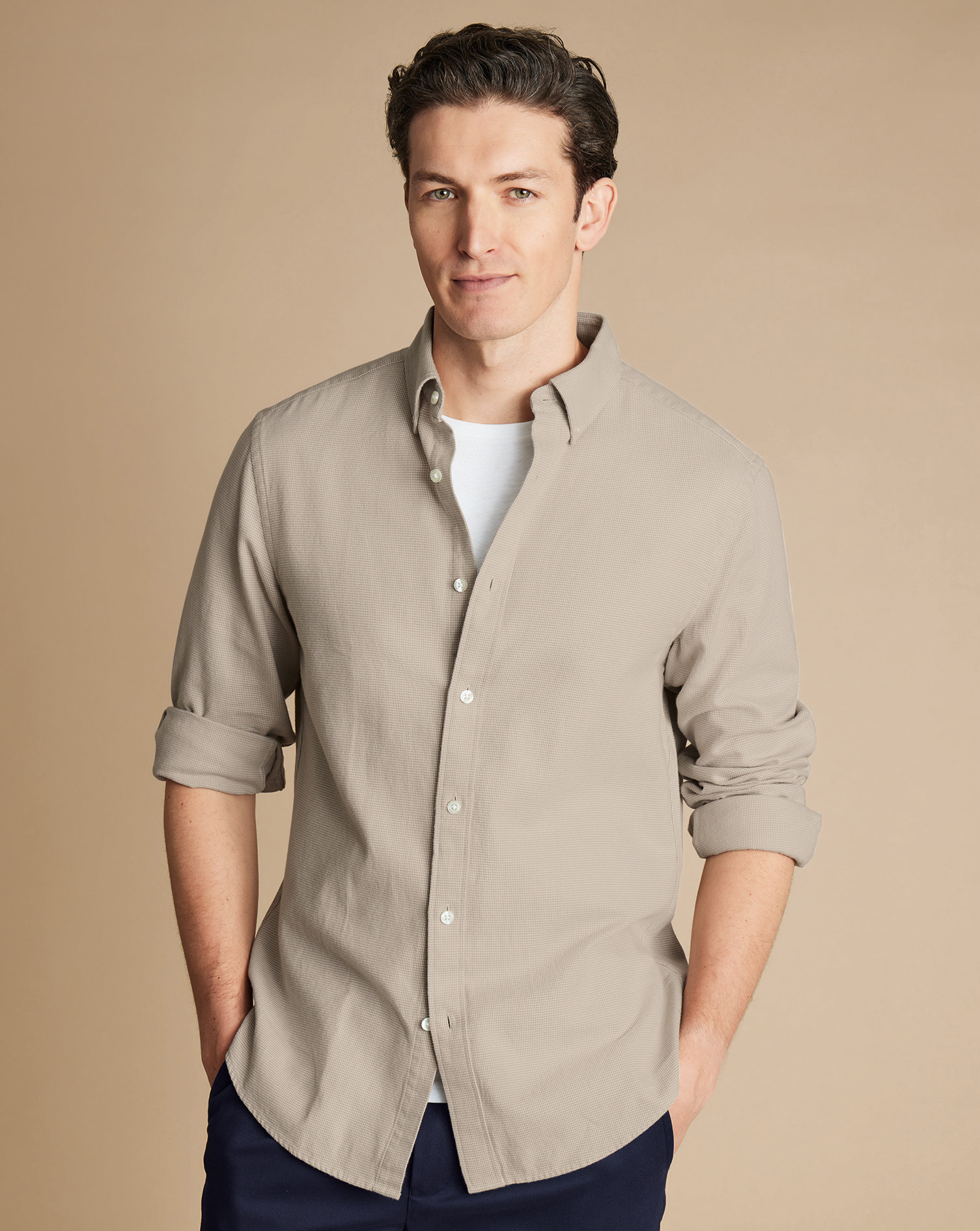 Button-Down Collar Dobby Flannel Puppytooth Shirt - Taupe