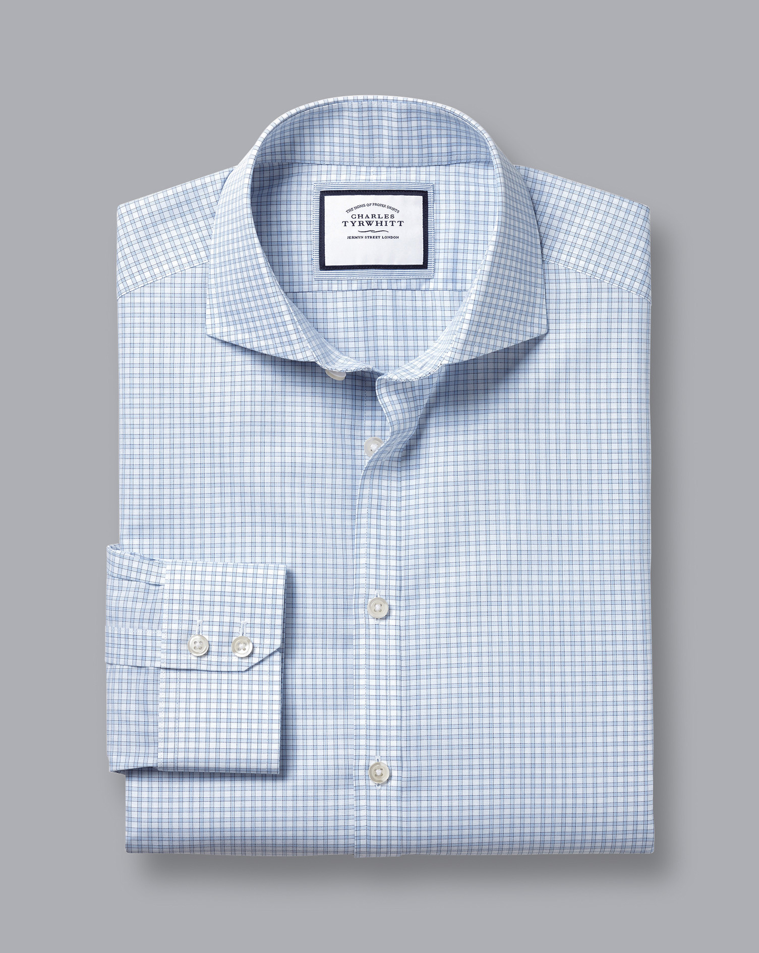 Cutaway Collar Non-Iron Poplin Fine Check Shirt - Sky Blue