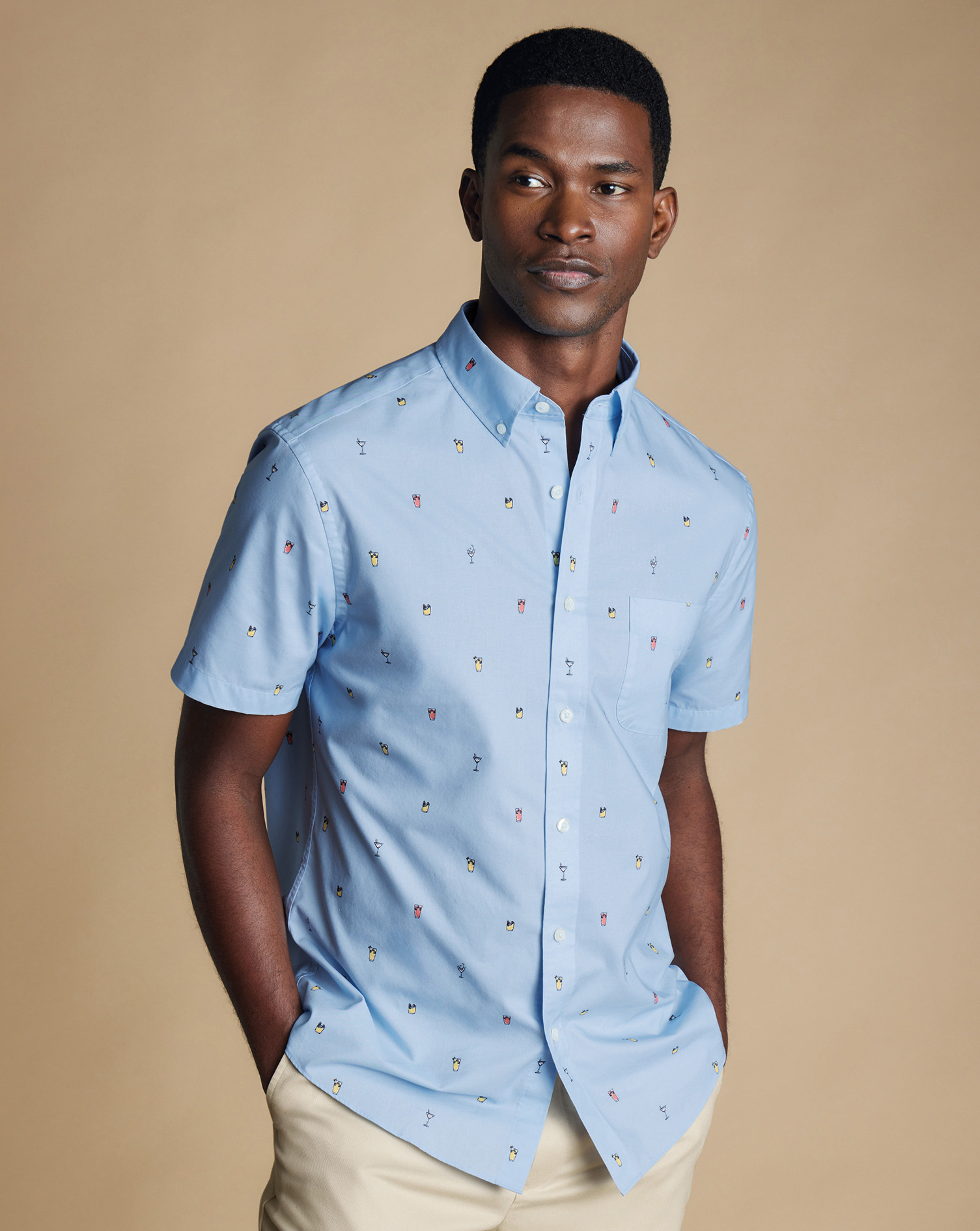 Non-Iron Cocktail Print Short Sleeve Shirt - Sky Blue